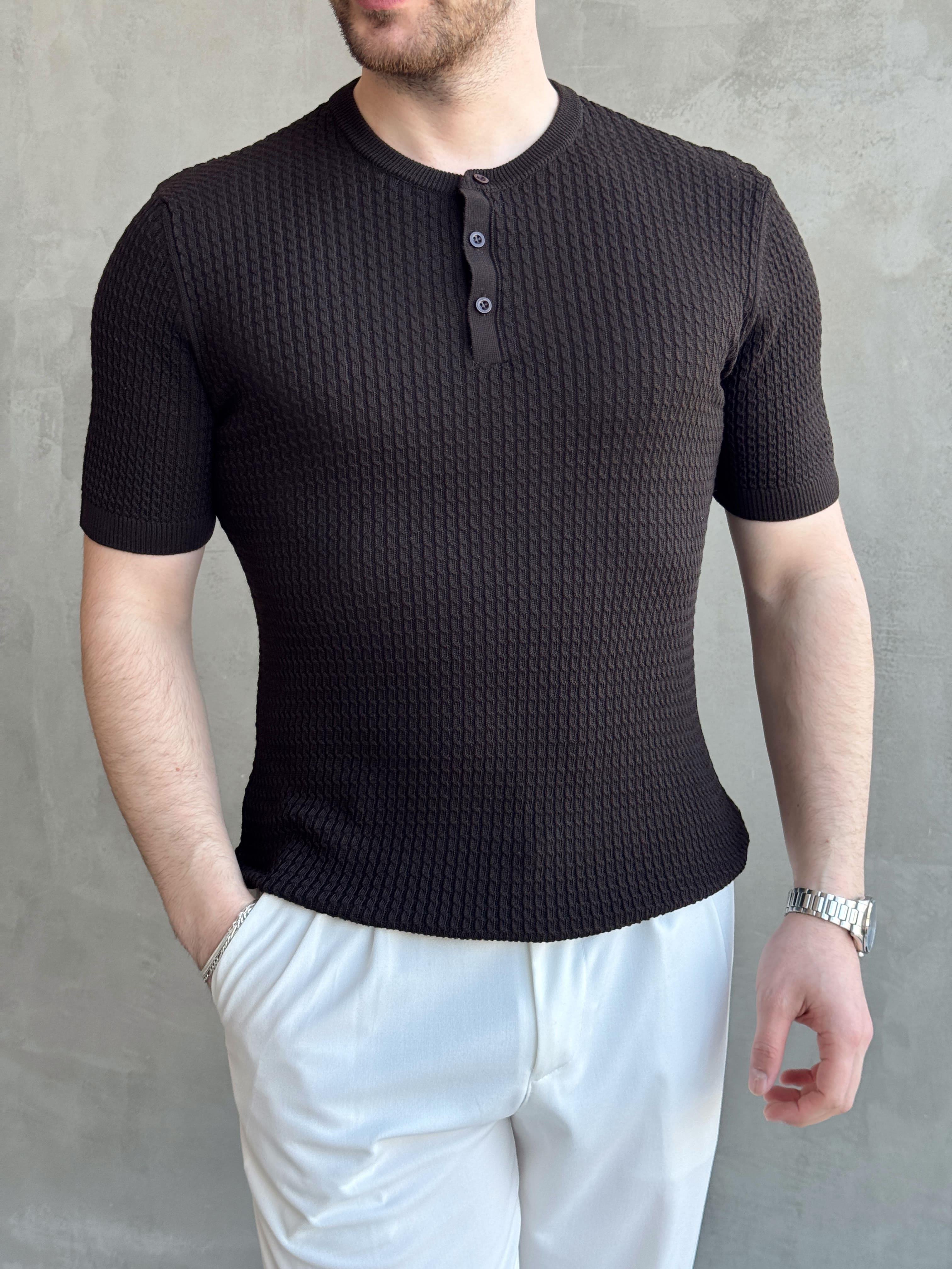 Erkek Elit Kalite Regular Fit Waffle Desenli Pat Yaka Detay Triko T-Shirt-Kahverengi(E1681)Ketench