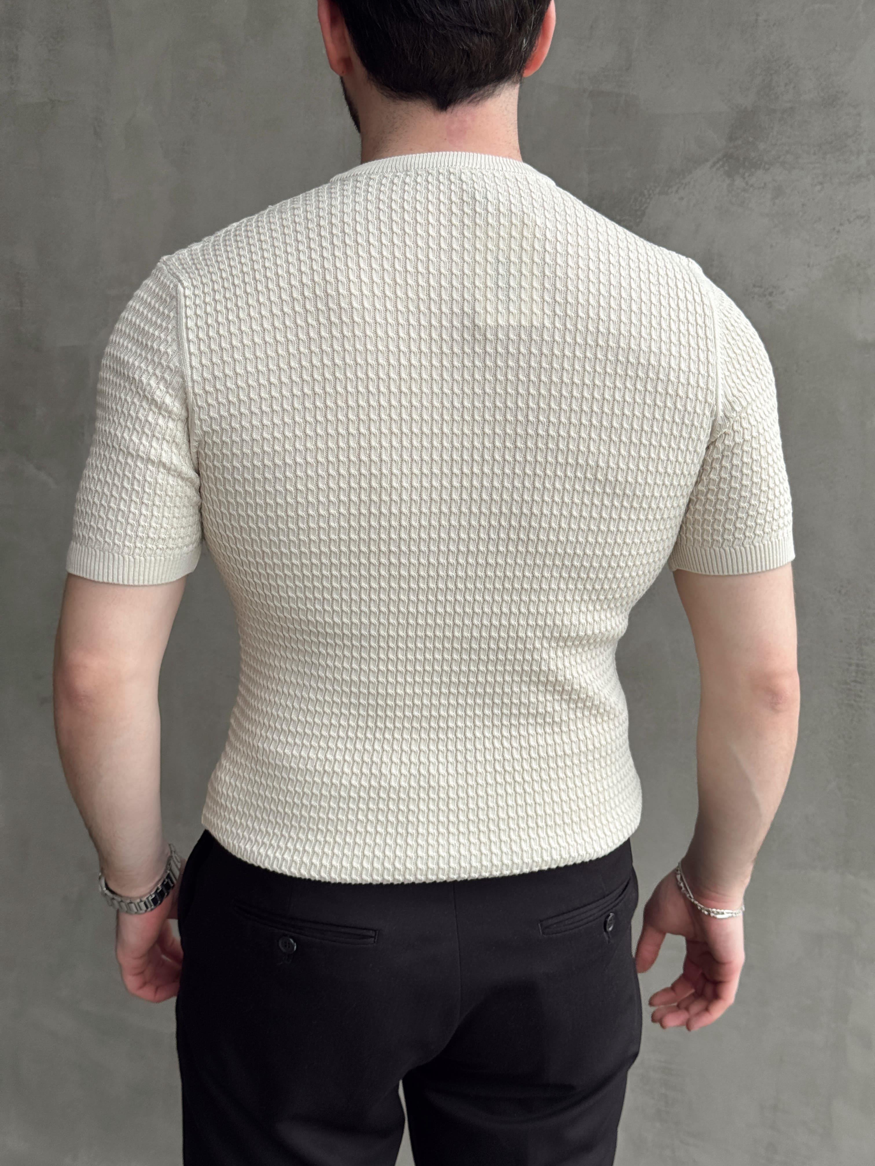 Erkek Elit Kalite Regular Fit Waffle Desenli Pat Yaka Detay Triko T-Shirt-Bej(E1681)Ketench
