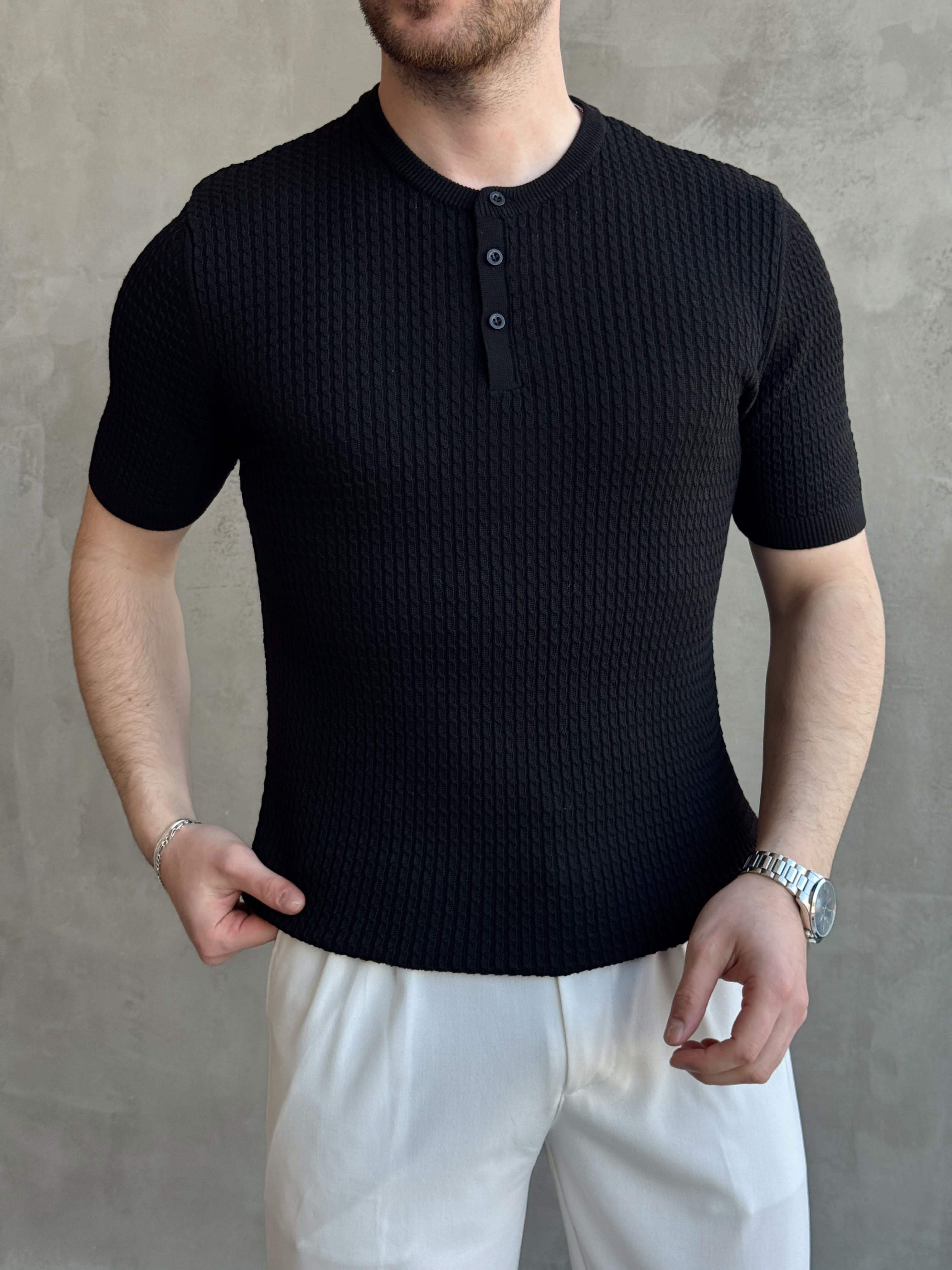 Erkek Elit Kalite Regular Fit Waffle Desenli Pat Yaka Detay Triko T-Shirt-Siyah(E1681)Ketench