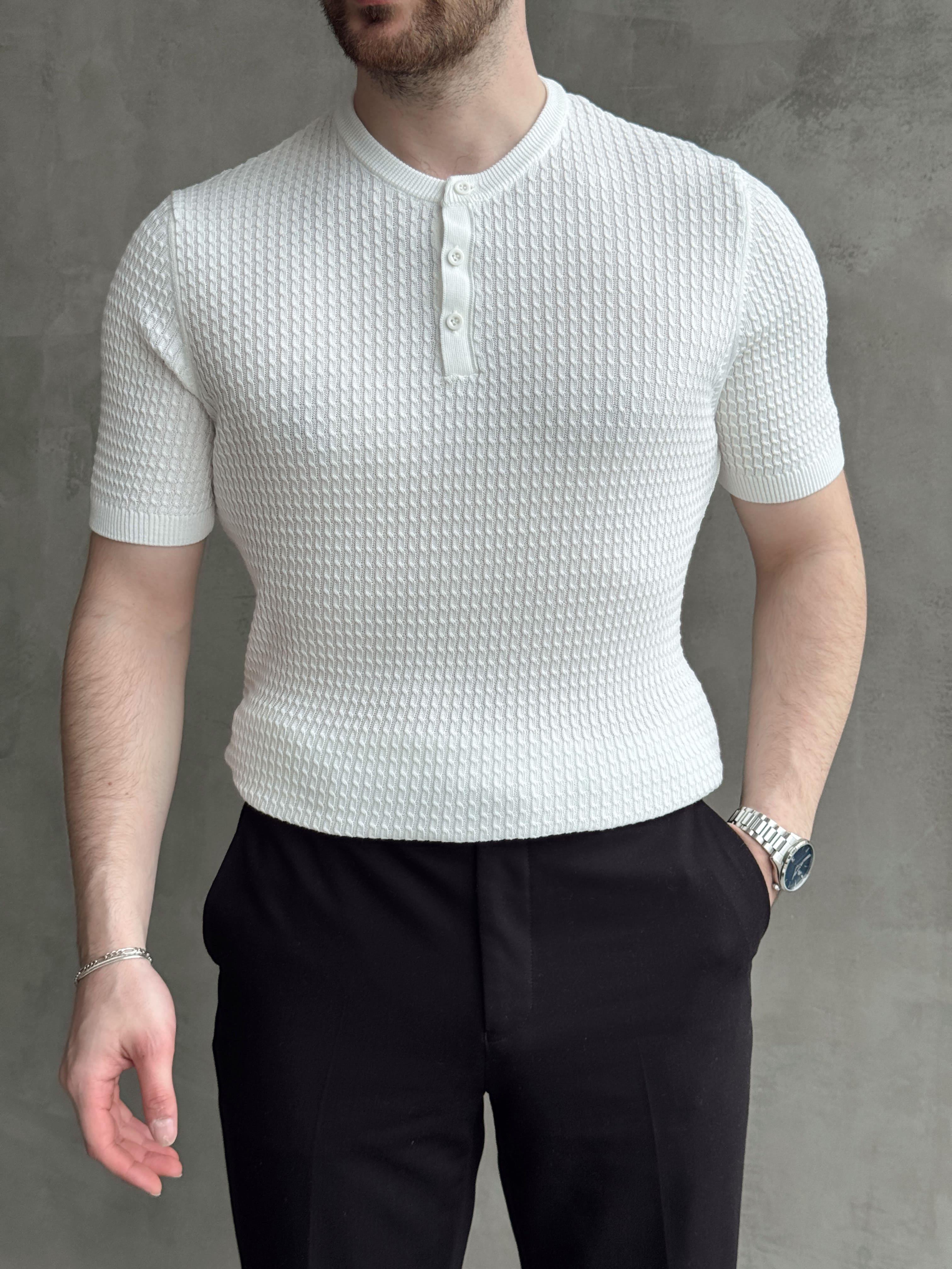 Erkek Elit Kalite Regular Fit Waffle Desenli Pat Yaka Detay Triko T-Shirt-Beyaz(E1681)Ketench