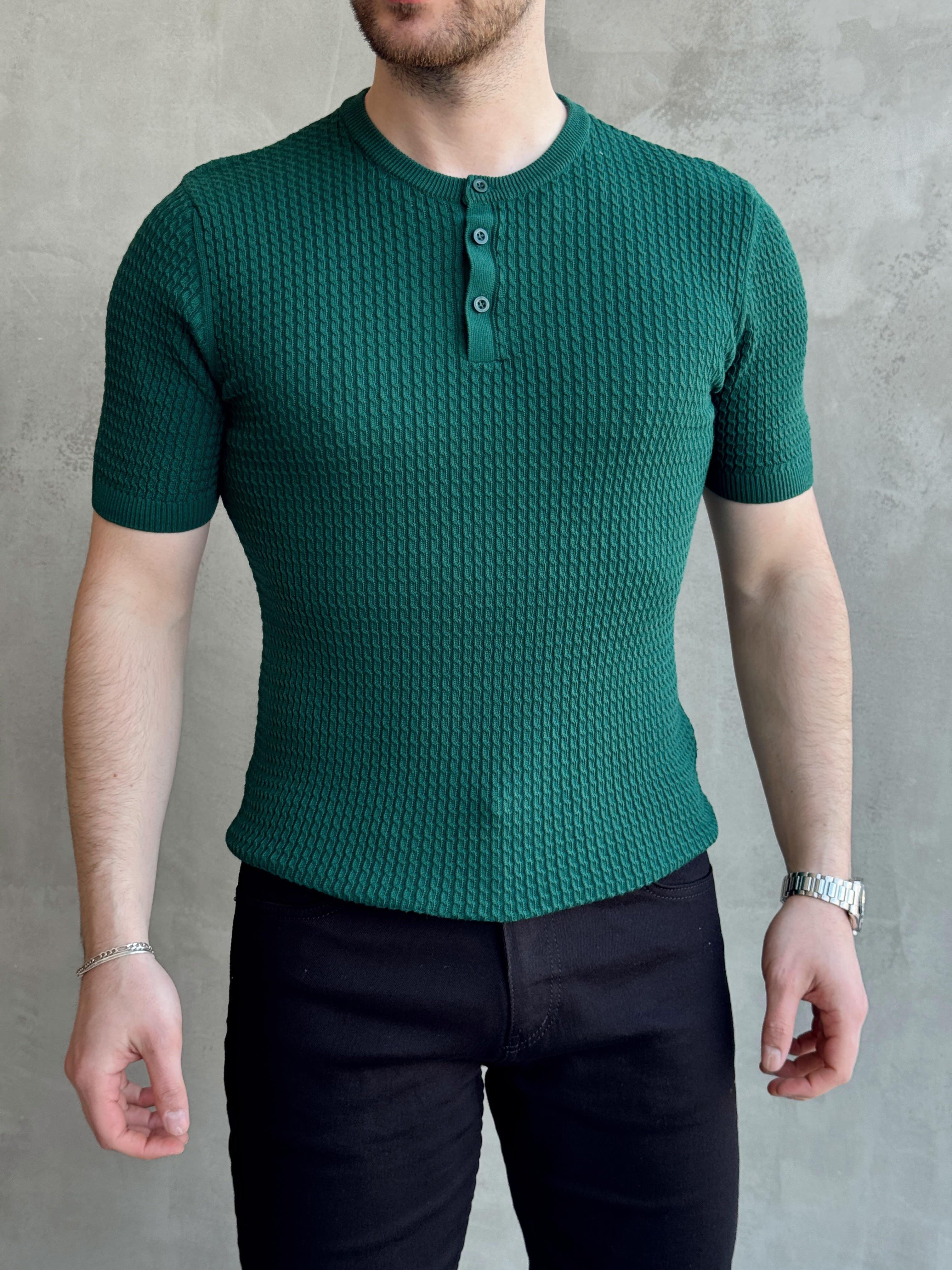 Erkek Elit Kalite Regular Fit Waffle Desenli Pat Yaka Detay Triko T-Shirt-Petrol(E1681)Ketench