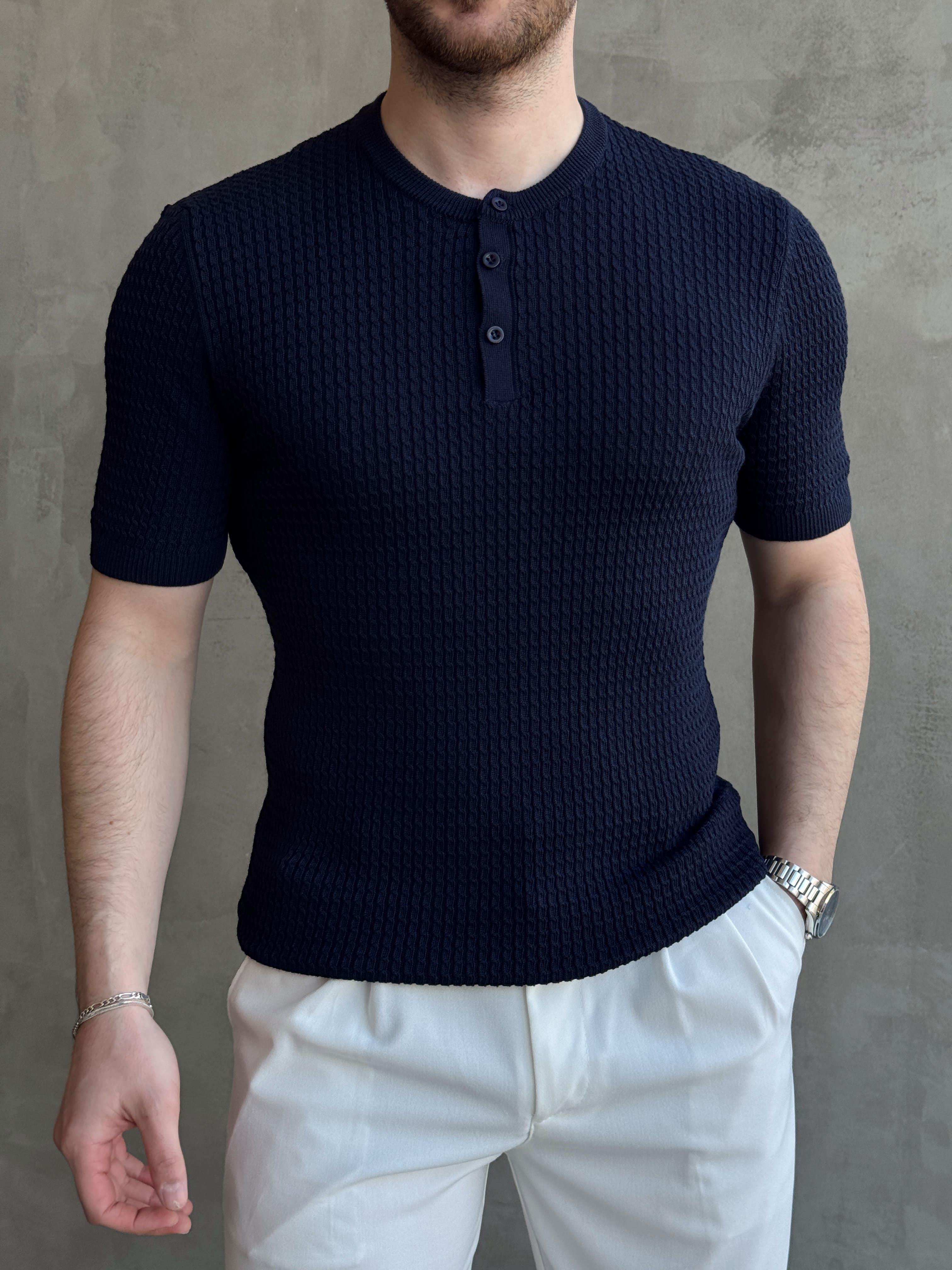 Erkek Elit Kalite Regular Fit Waffle Desenli Pat Yaka Detay Triko T-Shirt-Lacivert(E1681)Ketench