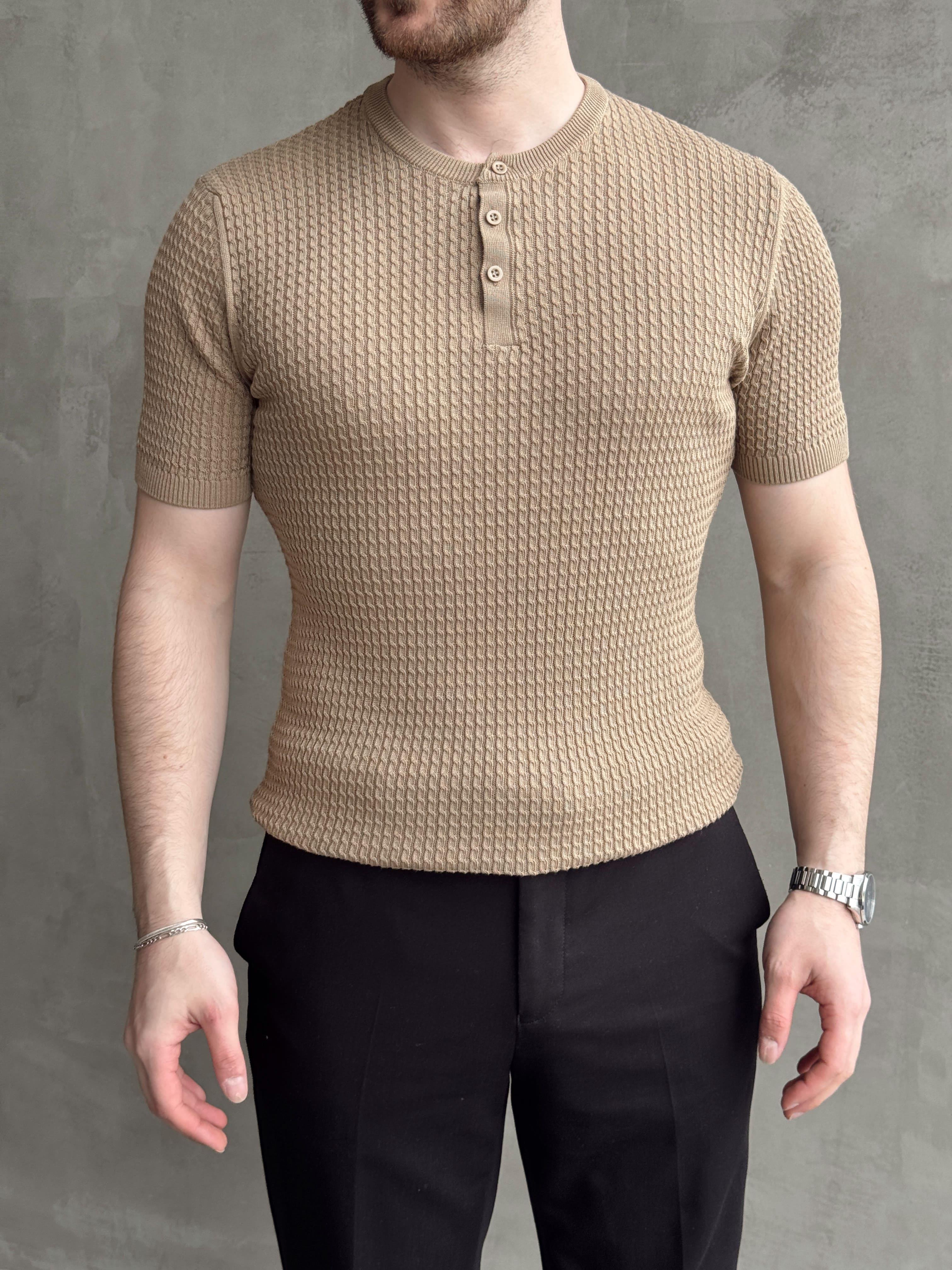 Erkek Elit Kalite Regular Fit Waffle Desenli Pat Yaka Detay Triko T-Shirt-Camel(E1681)Ketench