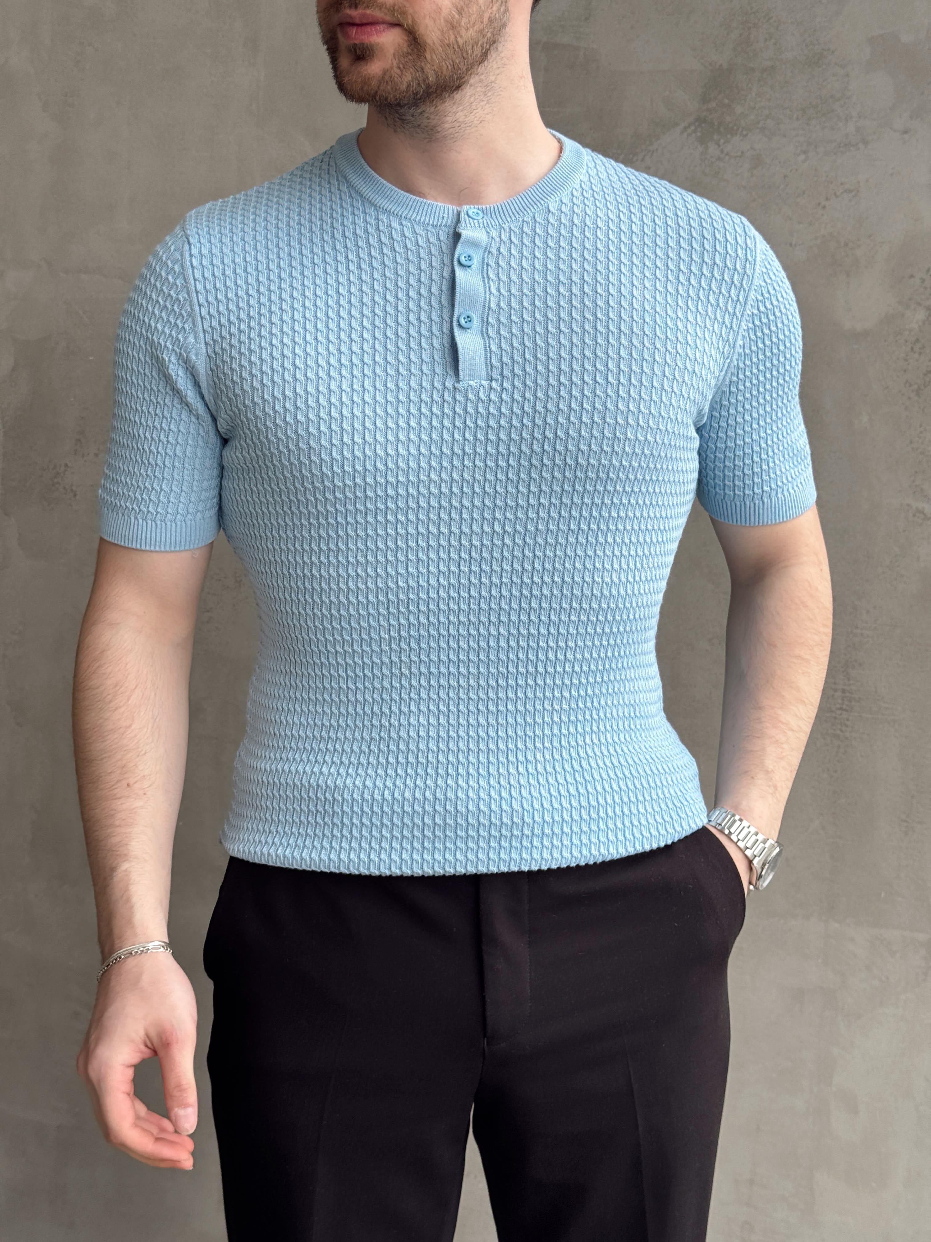 Erkek Elit Kalite Regular Fit Waffle Desenli Pat Yaka Detay Triko T-Shirt-Bebe Mavi(E1681)Ketench