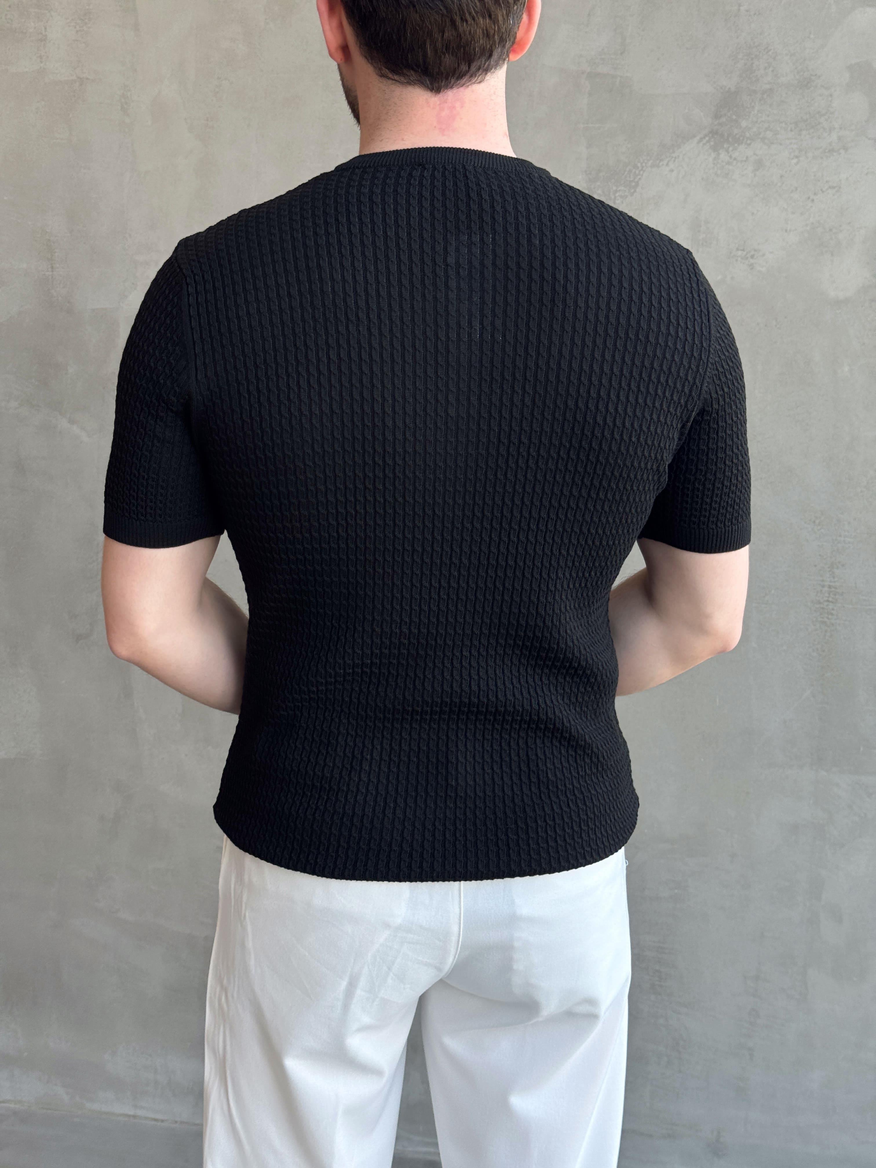 Erkek Elit Kalite Regular Fit Waffle Desenli Pat Yaka Detay Triko T-Shirt-Siyah(E1681)Ketench