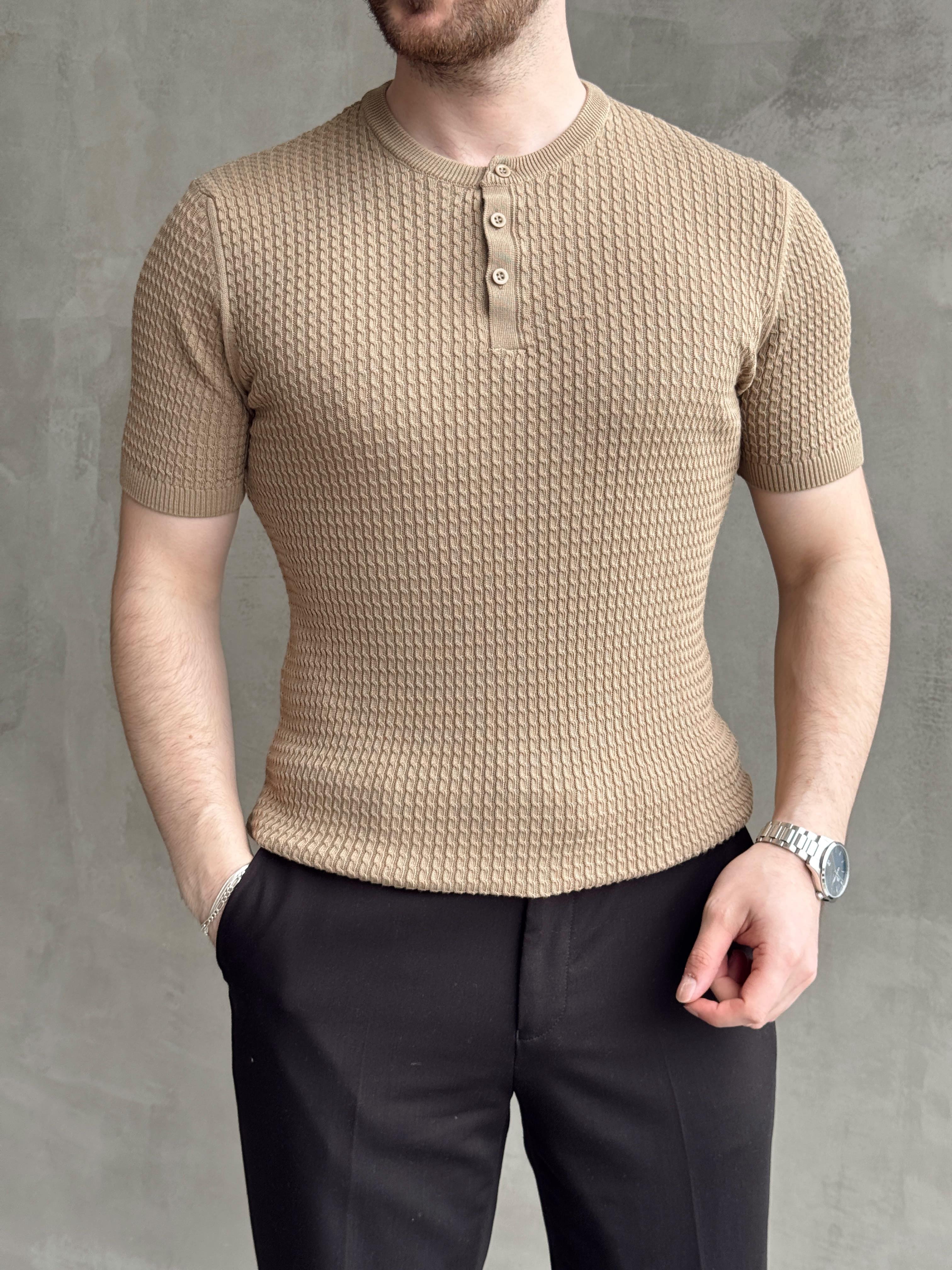 Erkek Elit Kalite Regular Fit Waffle Desenli Pat Yaka Detay Triko T-Shirt-Camel(E1681)Ketench