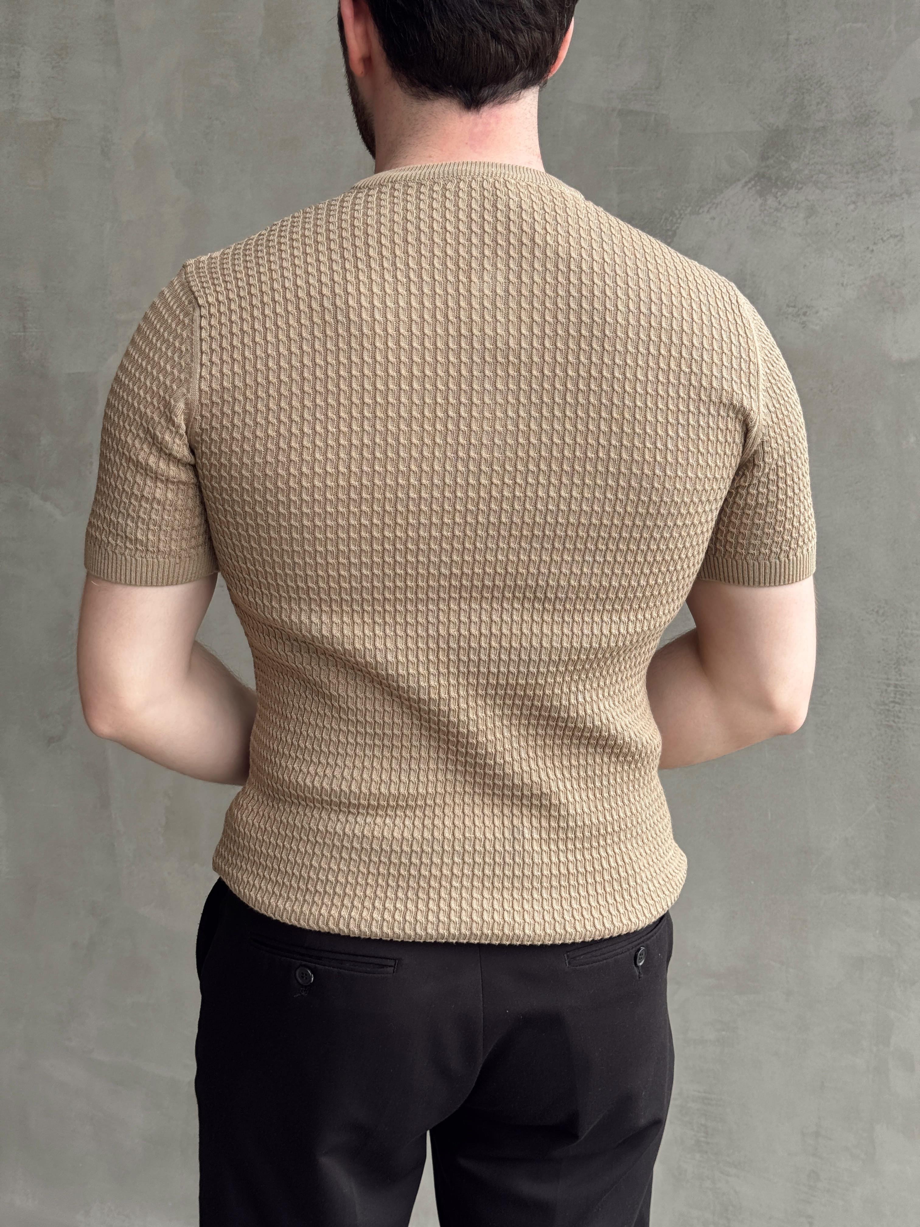 Erkek Elit Kalite Regular Fit Waffle Desenli Pat Yaka Detay Triko T-Shirt-Camel(E1681)Ketench