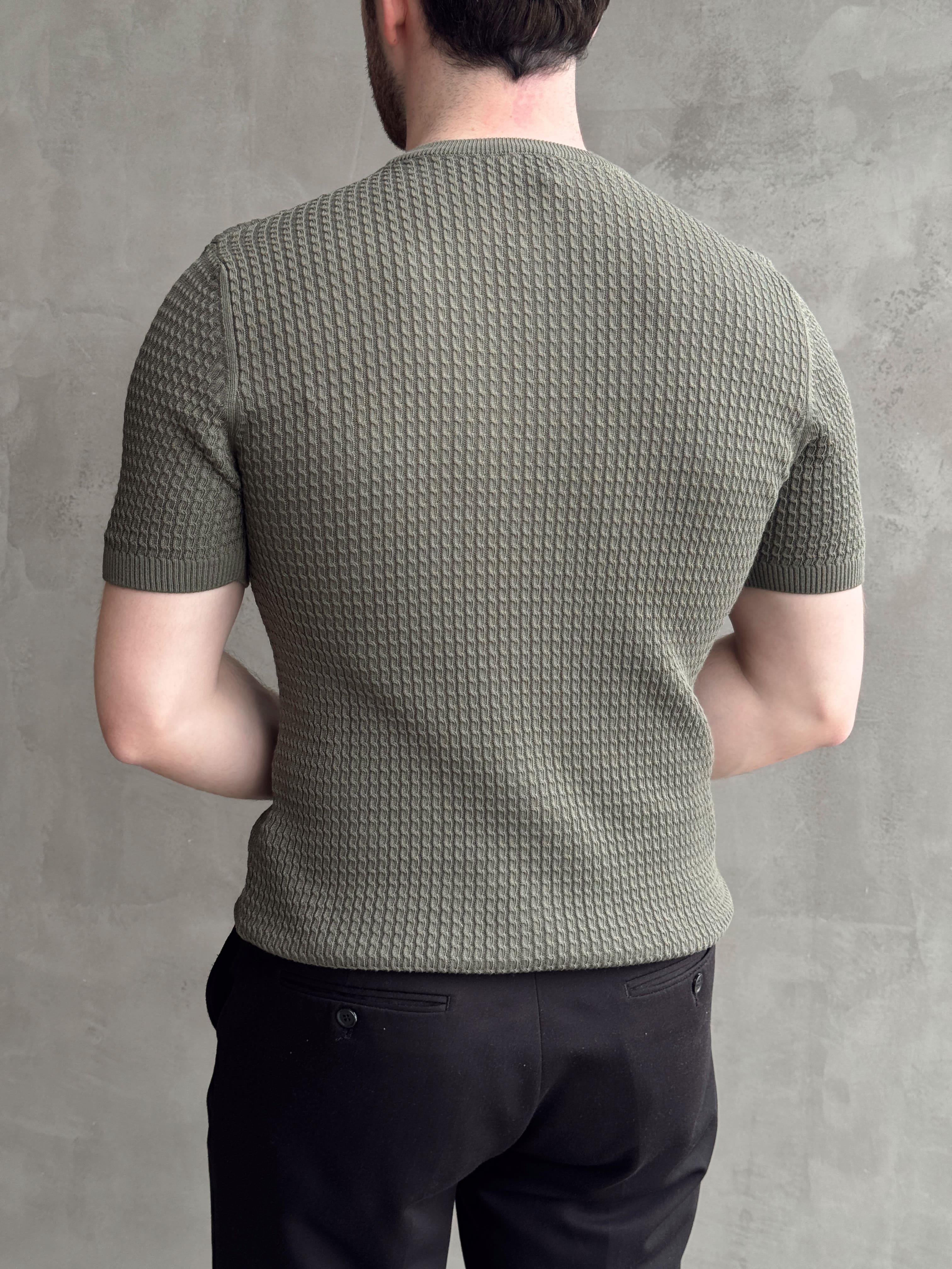 Erkek Elit Kalite Regular Fit Waffle Desenli Pat Yaka Detay Triko T-Shirt-Haki(E1681)Ketench