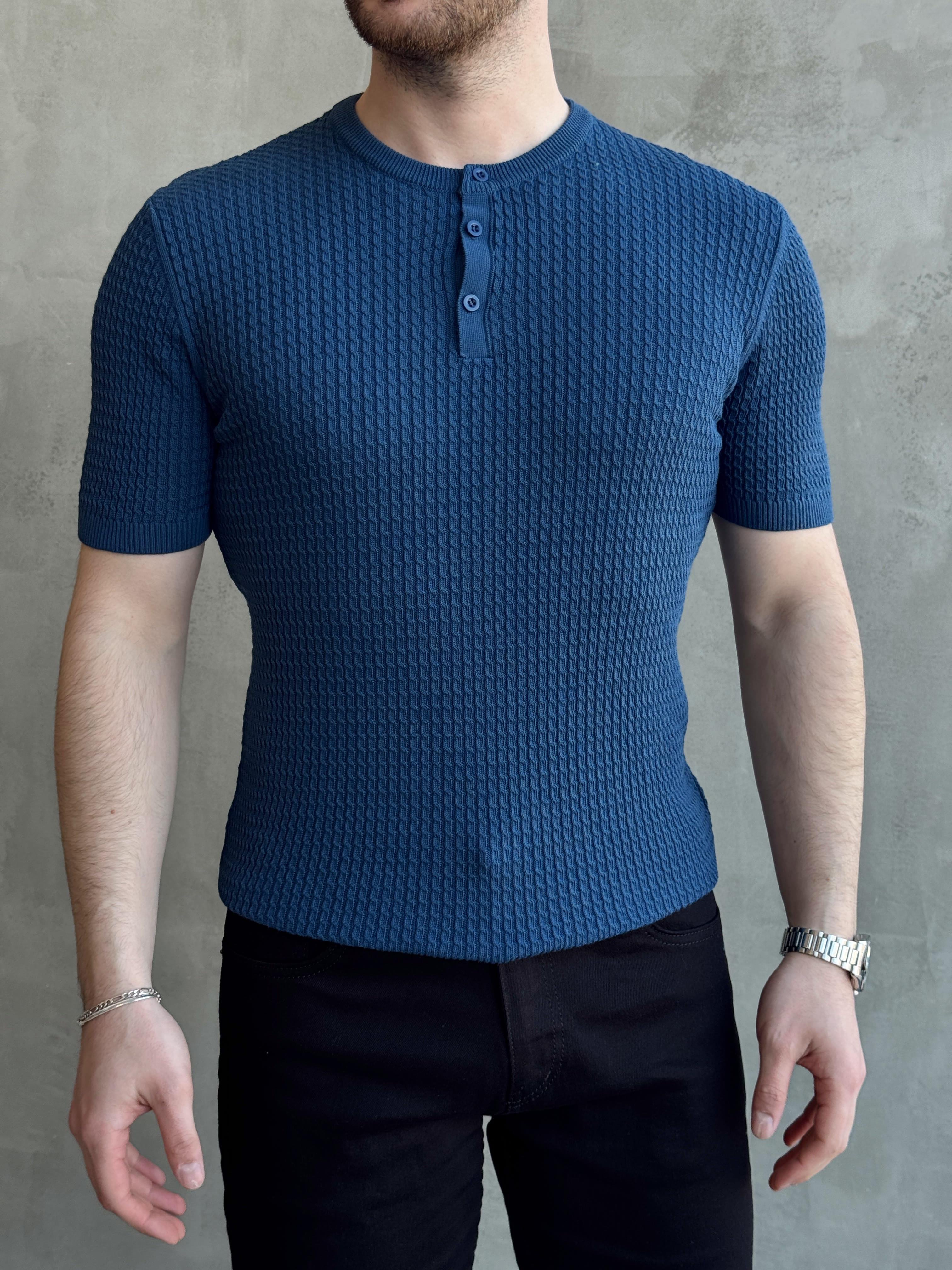 Erkek Elit Kalite Regular Fit Waffle Desenli Pat Yaka Detay Triko T-Shirt-İndigo(E1681)Ketench