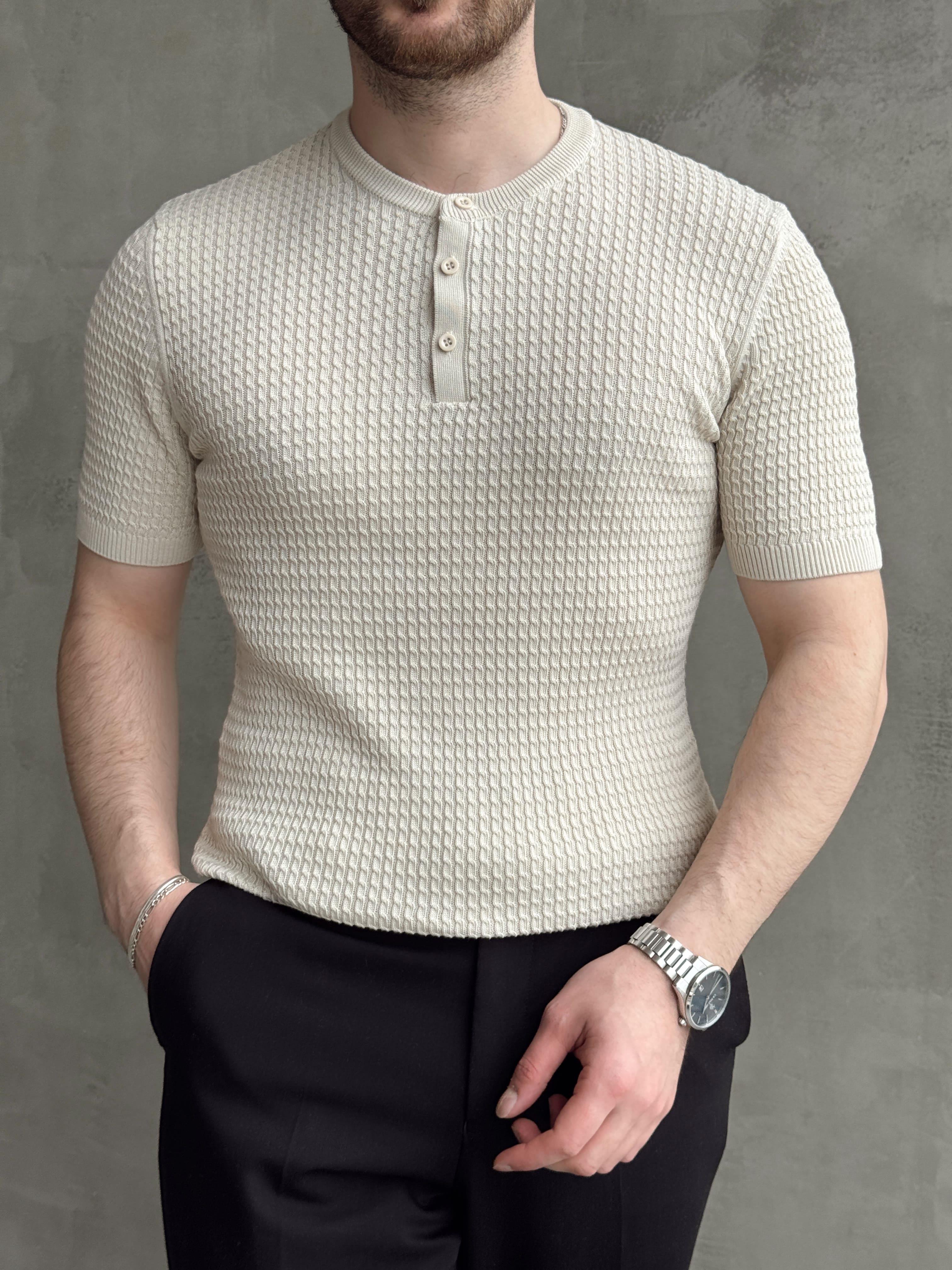Erkek Elit Kalite Regular Fit Waffle Desenli Pat Yaka Detay Triko T-Shirt-Bej(E1681)Ketench