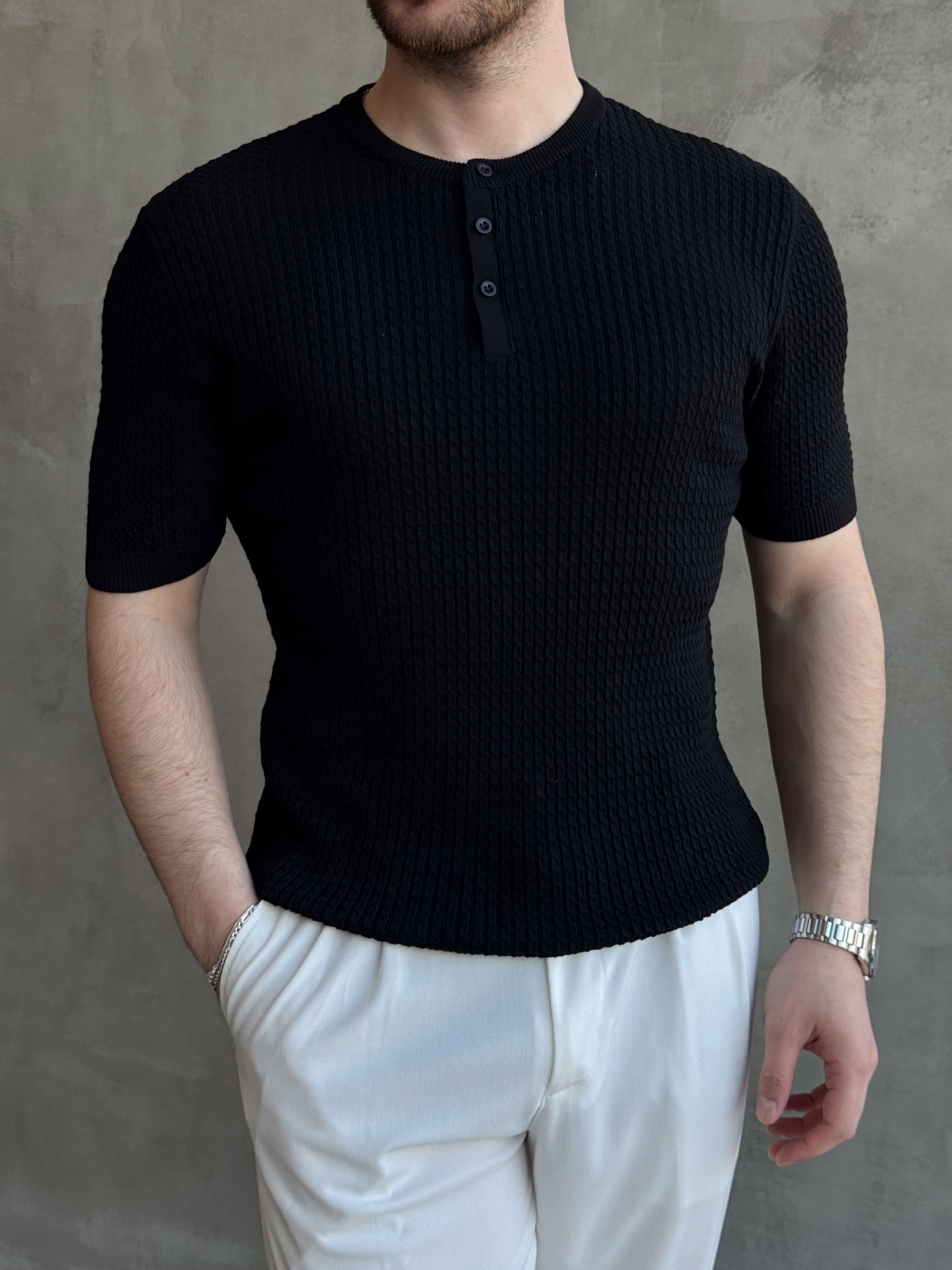 Erkek Elit Kalite Regular Fit Waffle Desenli Pat Yaka Detay Triko T-Shirt-Siyah(E1681)Ketench