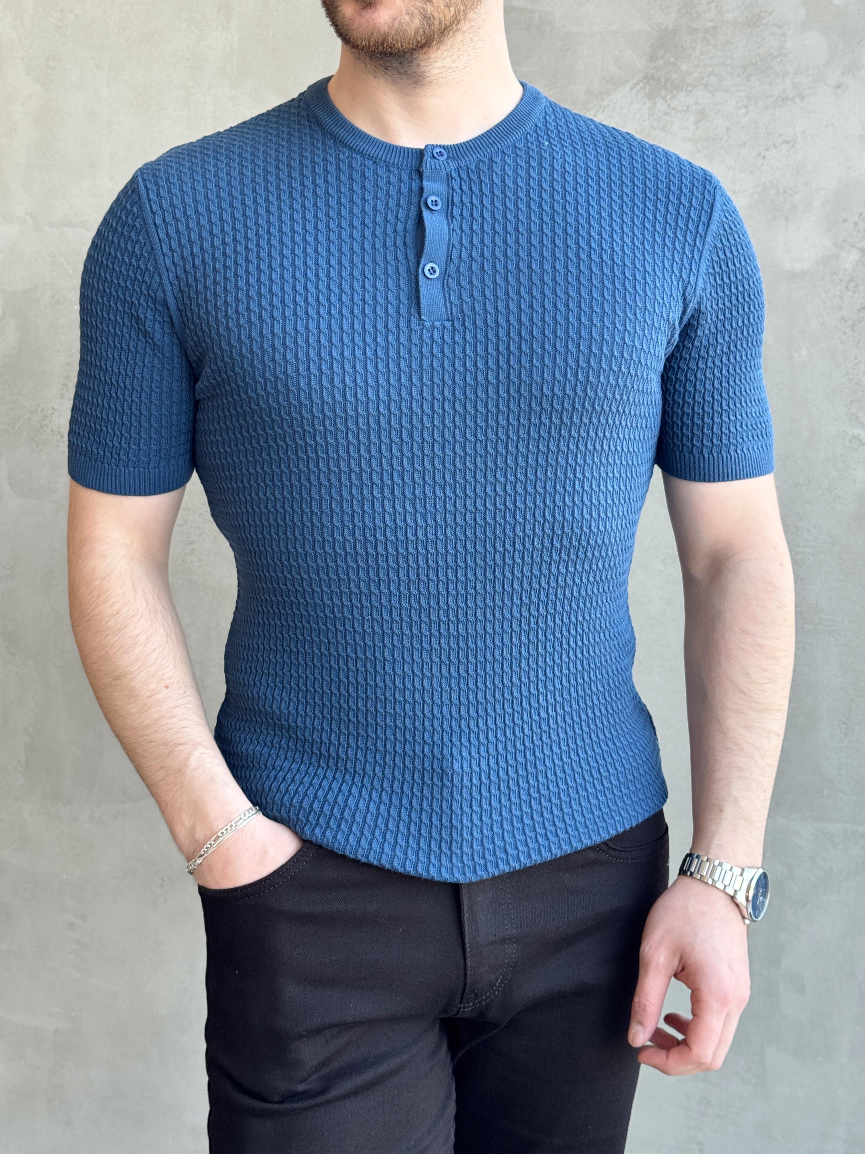 Erkek Elit Kalite Regular Fit Waffle Desenli Pat Yaka Detay Triko T-Shirt-İndigo(E1681)Ketench
