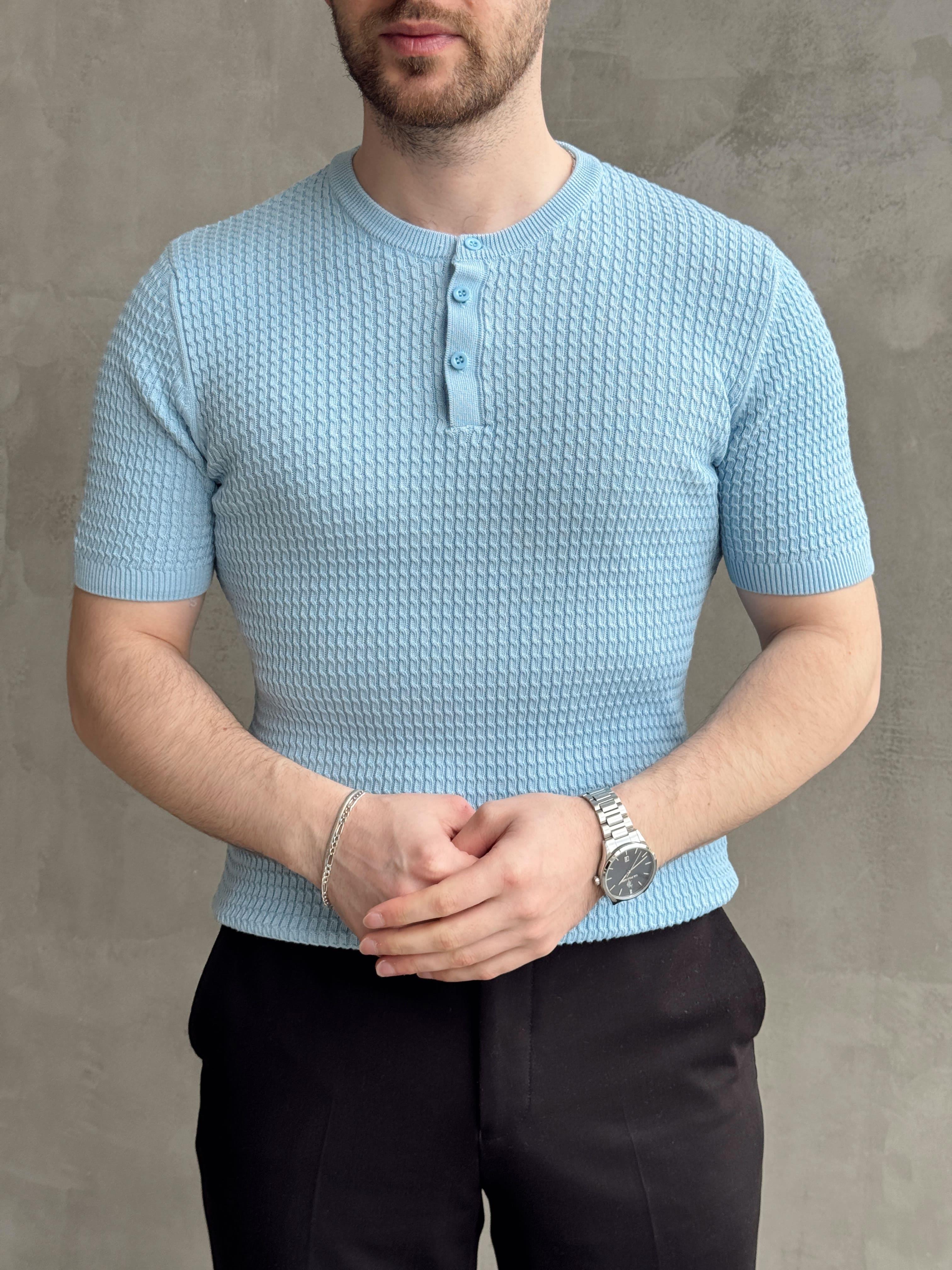 Erkek Elit Kalite Regular Fit Waffle Desenli Pat Yaka Detay Triko T-Shirt-Bebe Mavi(E1681)Ketench