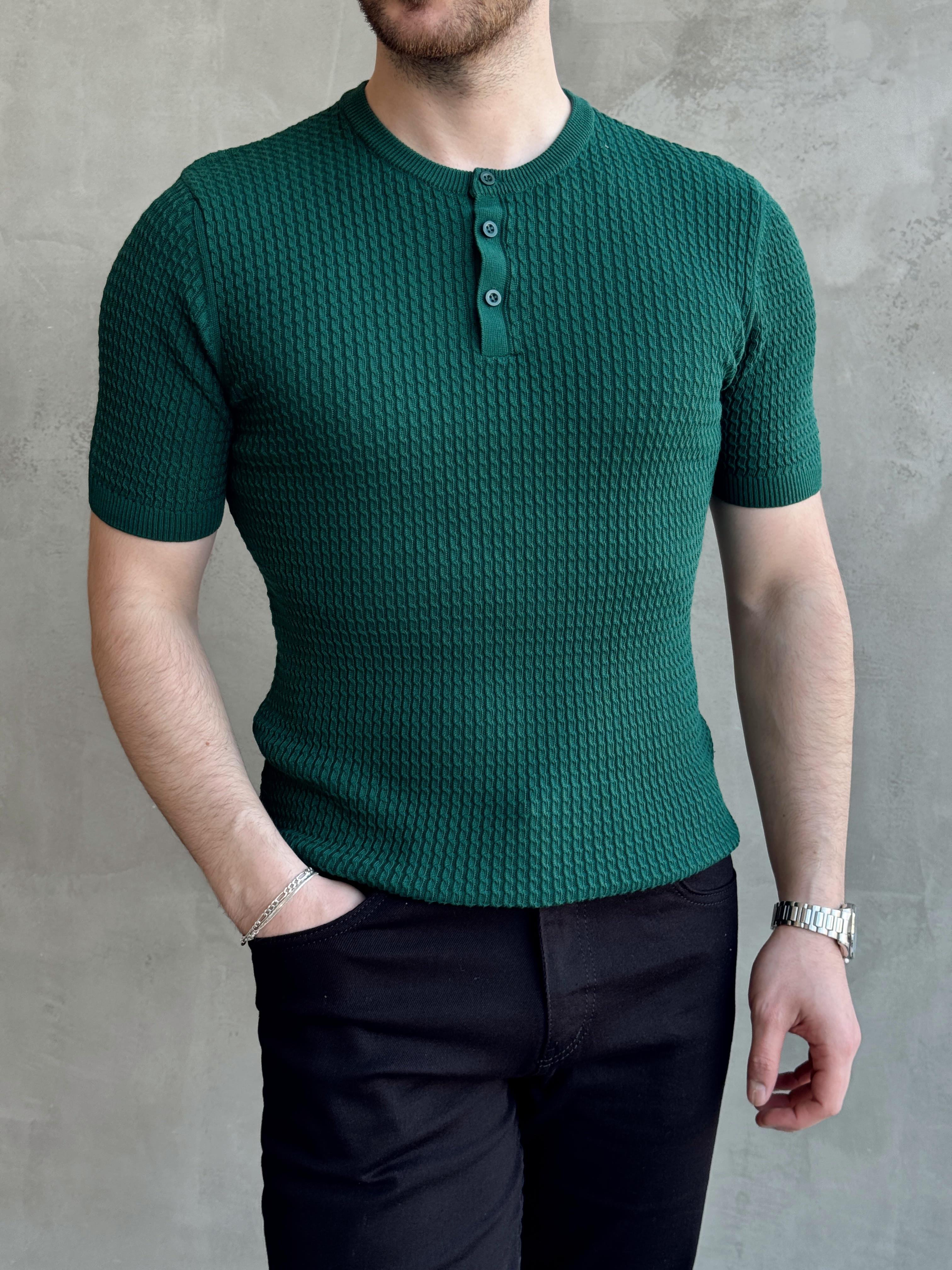 Erkek Elit Kalite Regular Fit Waffle Desenli Pat Yaka Detay Triko T-Shirt-Petrol(E1681)Ketench