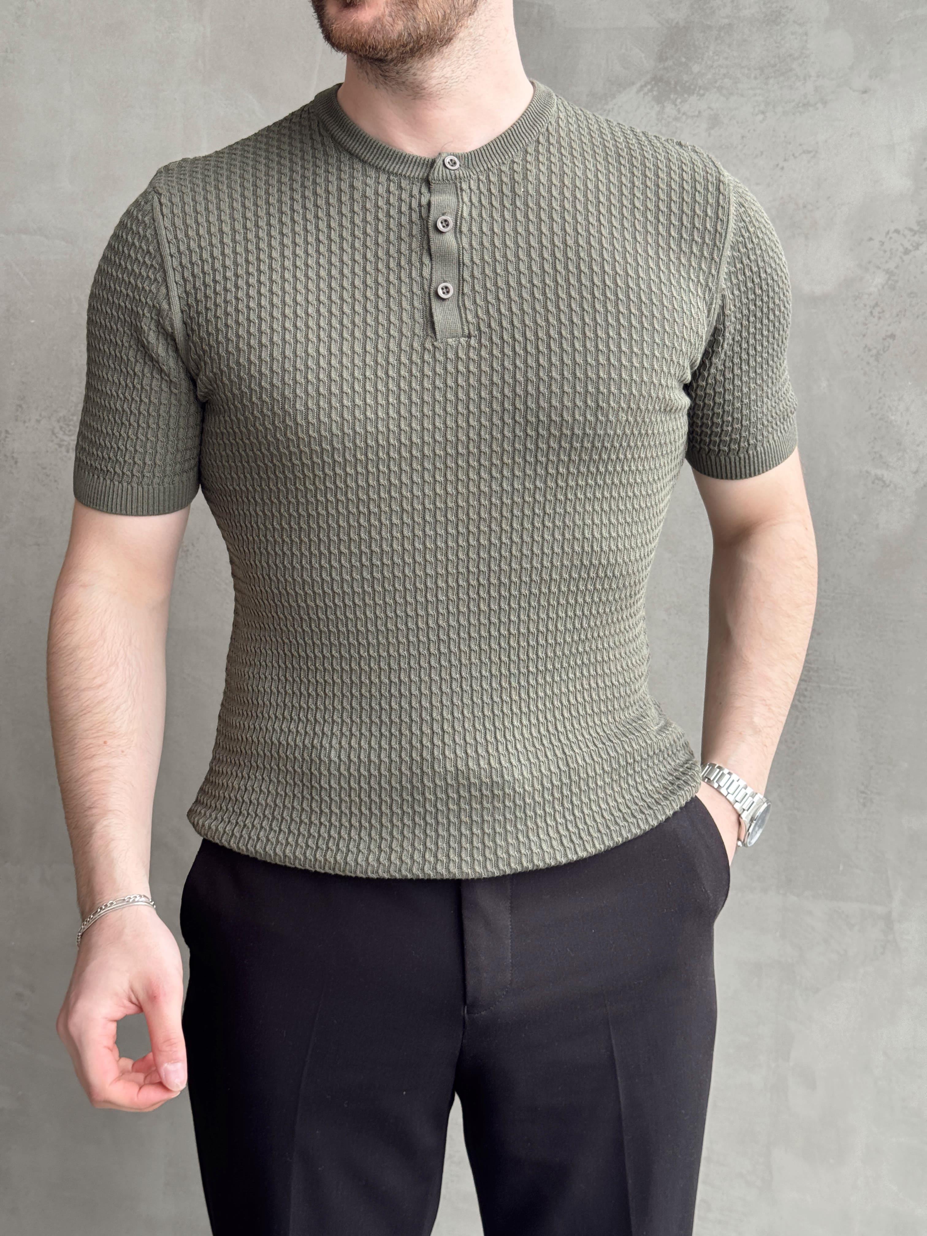 Erkek Elit Kalite Regular Fit Waffle Desenli Pat Yaka Detay Triko T-Shirt-Haki(E1681)Ketench