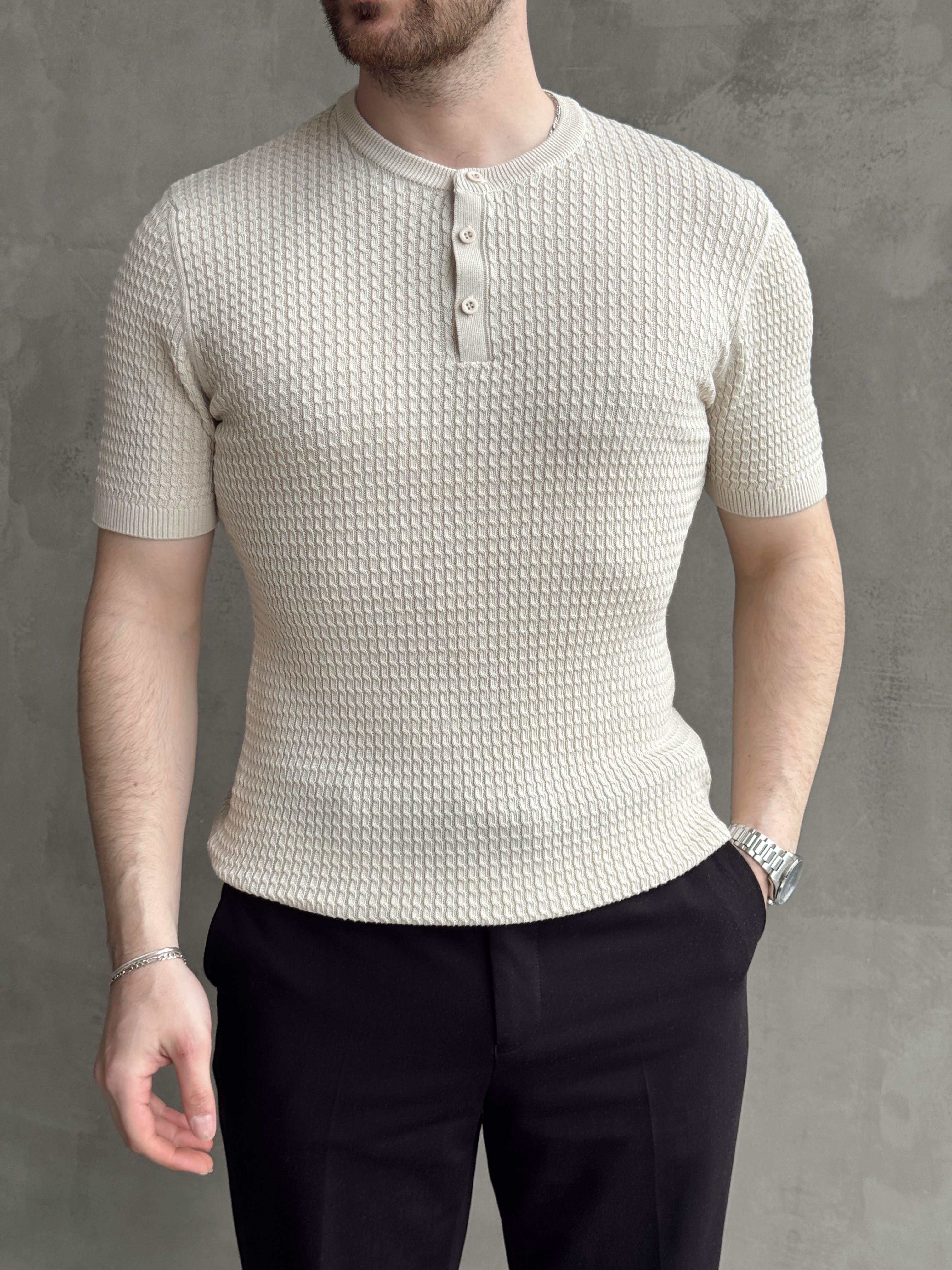 Erkek Elit Kalite Regular Fit Waffle Desenli Pat Yaka Detay Triko T-Shirt-Bej(E1681)Ketench