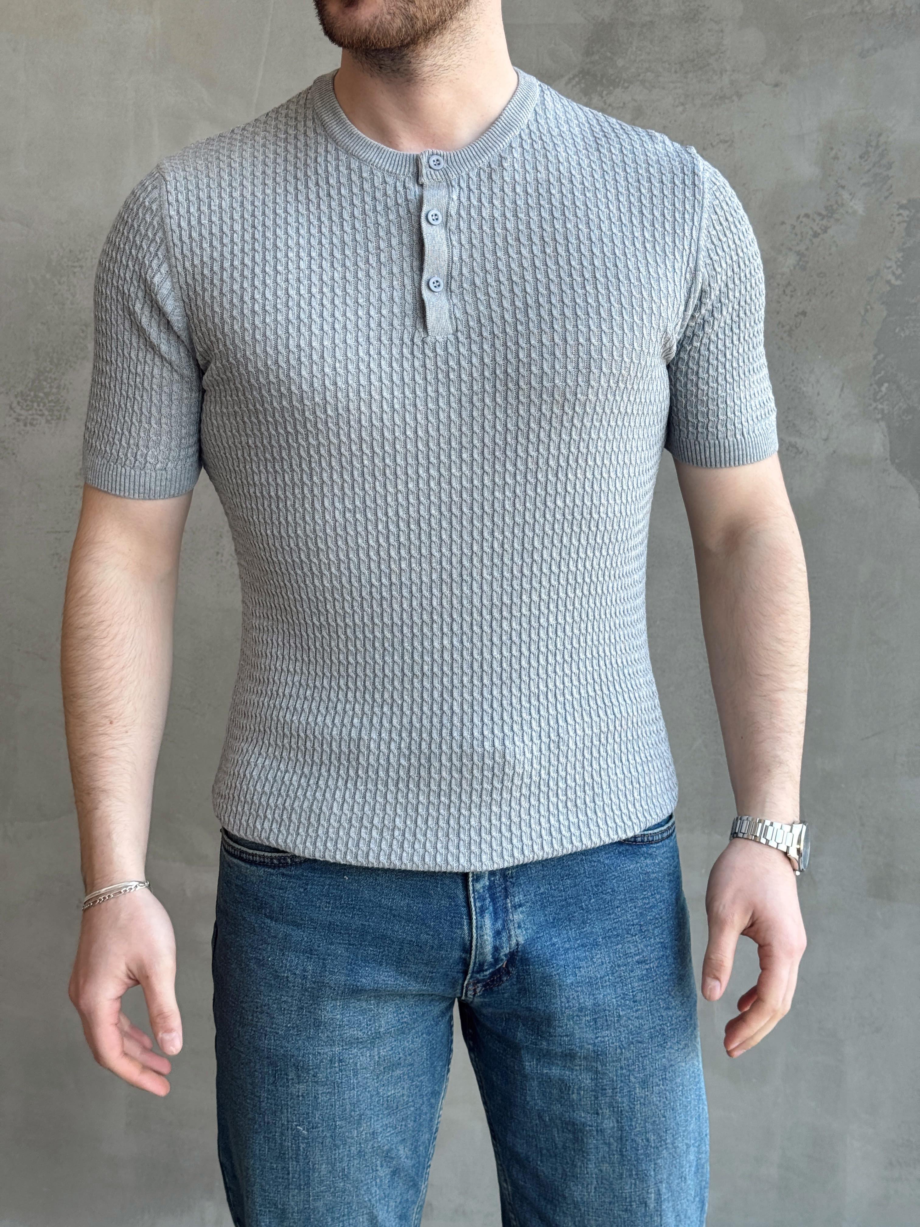 Erkek Elit Kalite Regular Fit Waffle Desenli Pat Yaka Detay Triko T-Shirt-Gri(E1681)Ketench