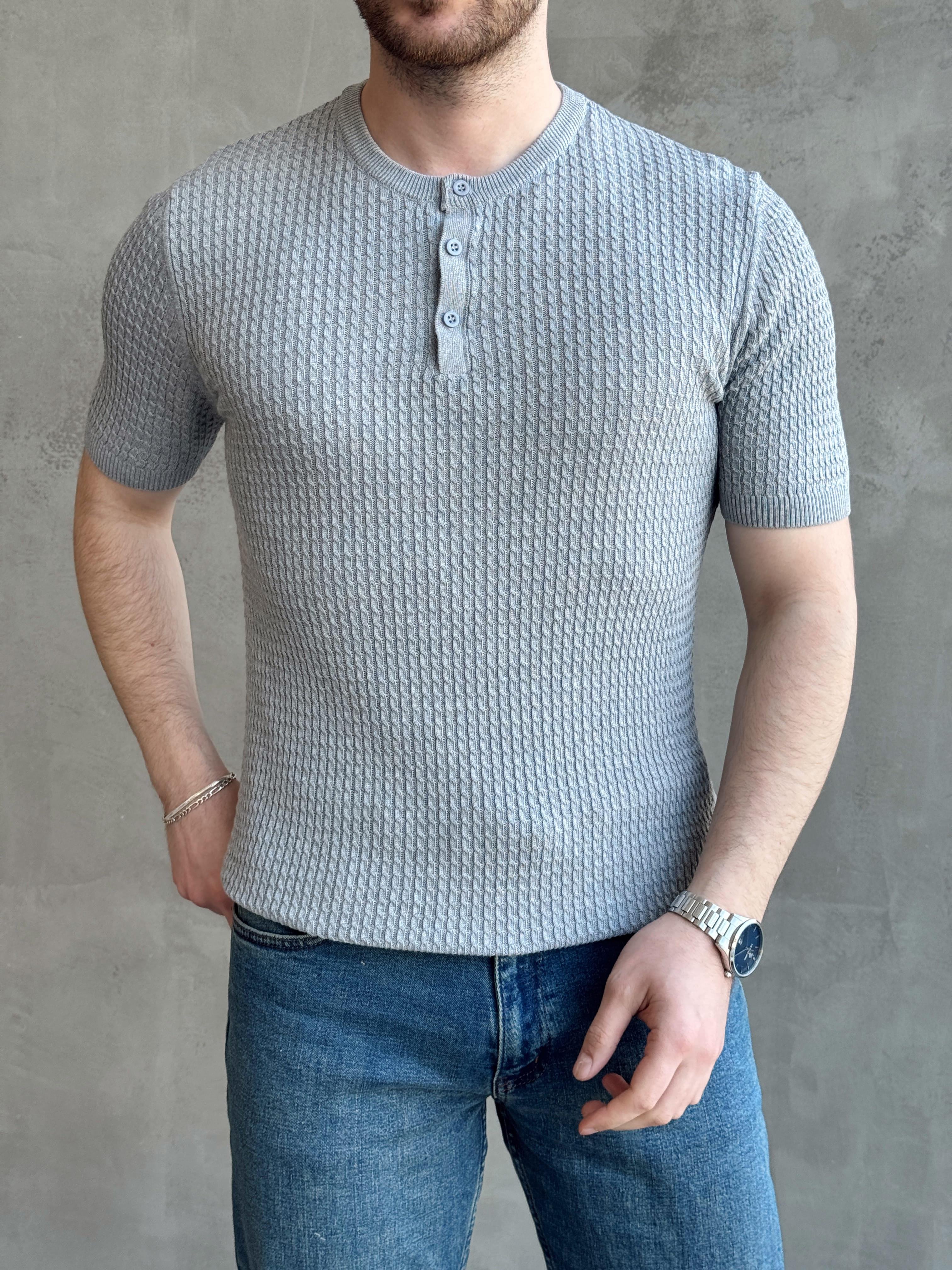 Erkek Elit Kalite Regular Fit Waffle Desenli Pat Yaka Detay Triko T-Shirt-Gri(E1681)Ketench