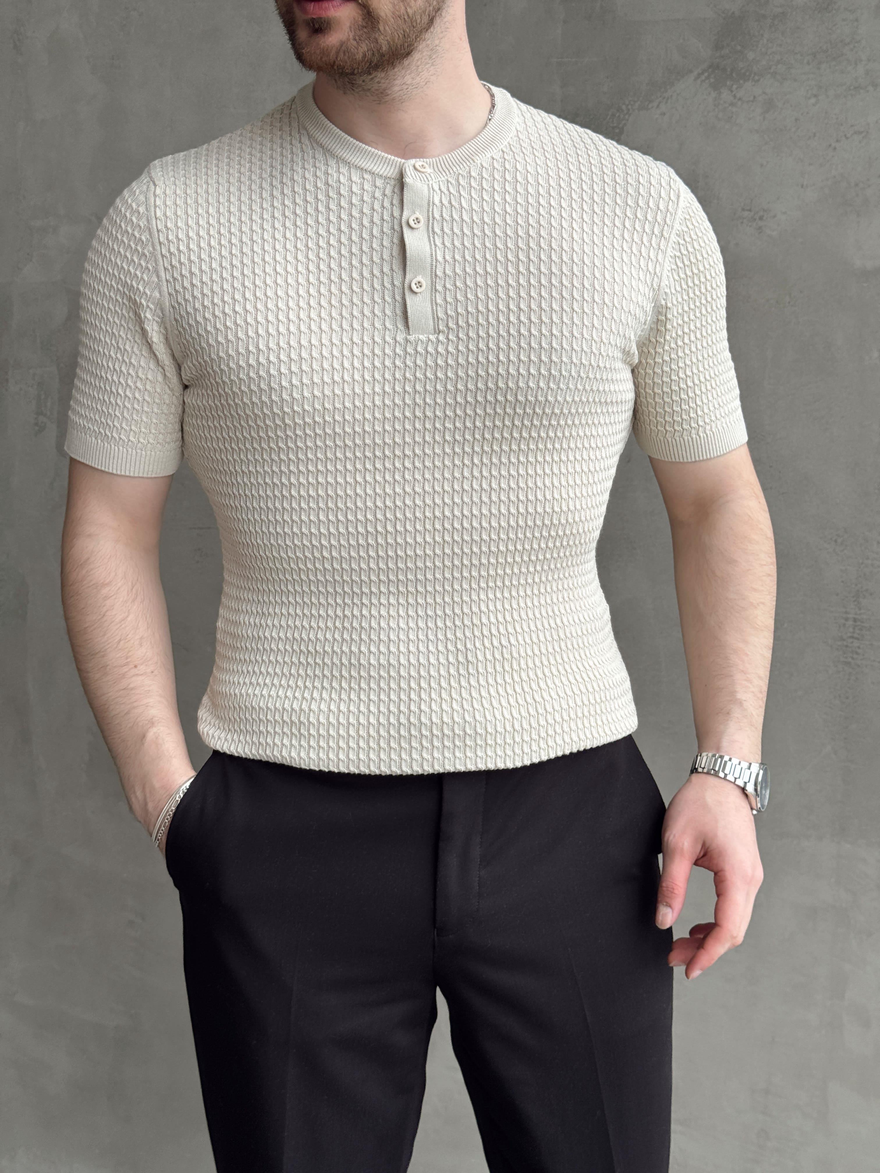 Erkek Elit Kalite Regular Fit Waffle Desenli Pat Yaka Detay Triko T-Shirt-Bej(E1681)Ketench