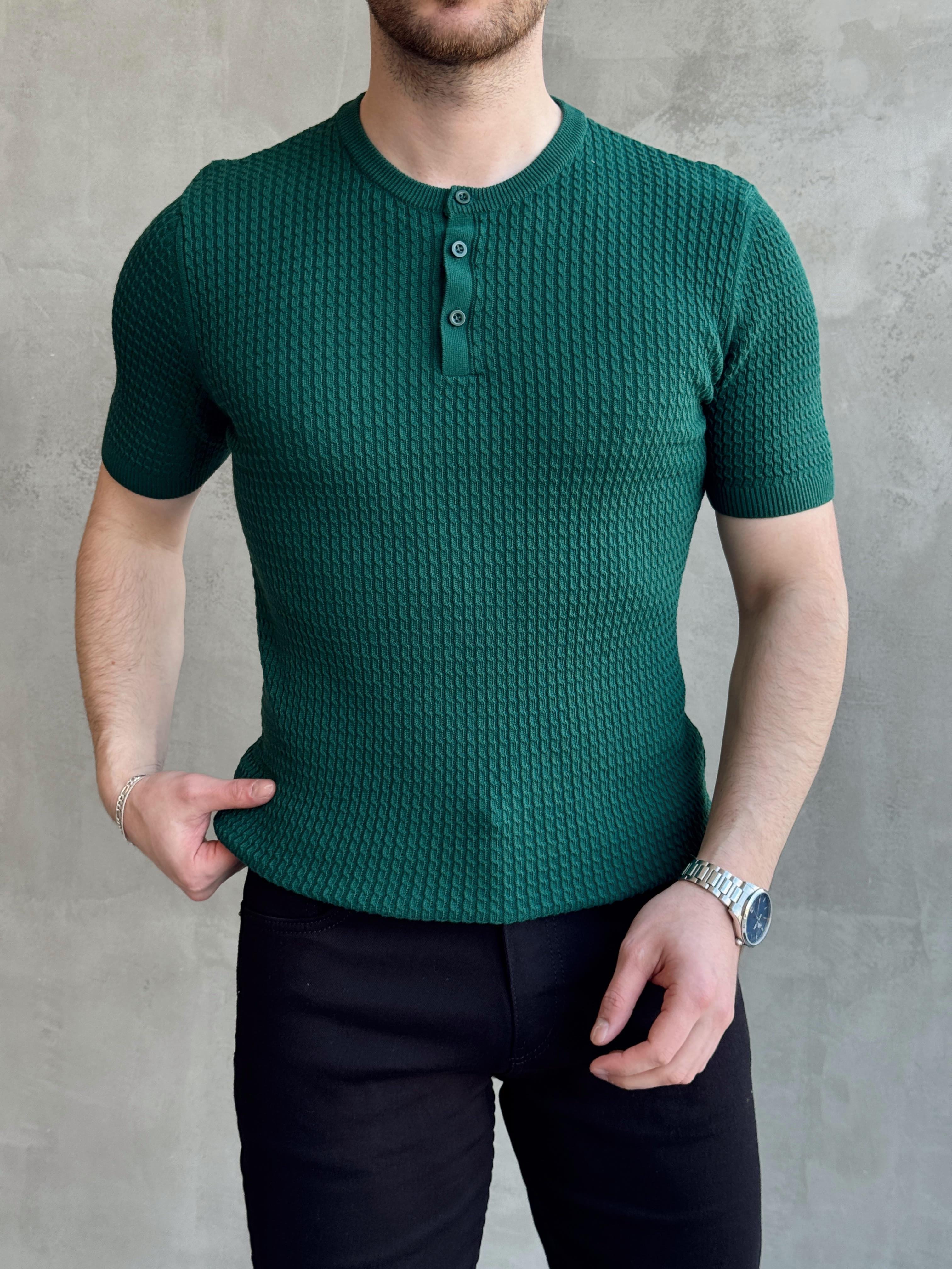 Erkek Elit Kalite Regular Fit Waffle Desenli Pat Yaka Detay Triko T-Shirt-Petrol(E1681)Ketench