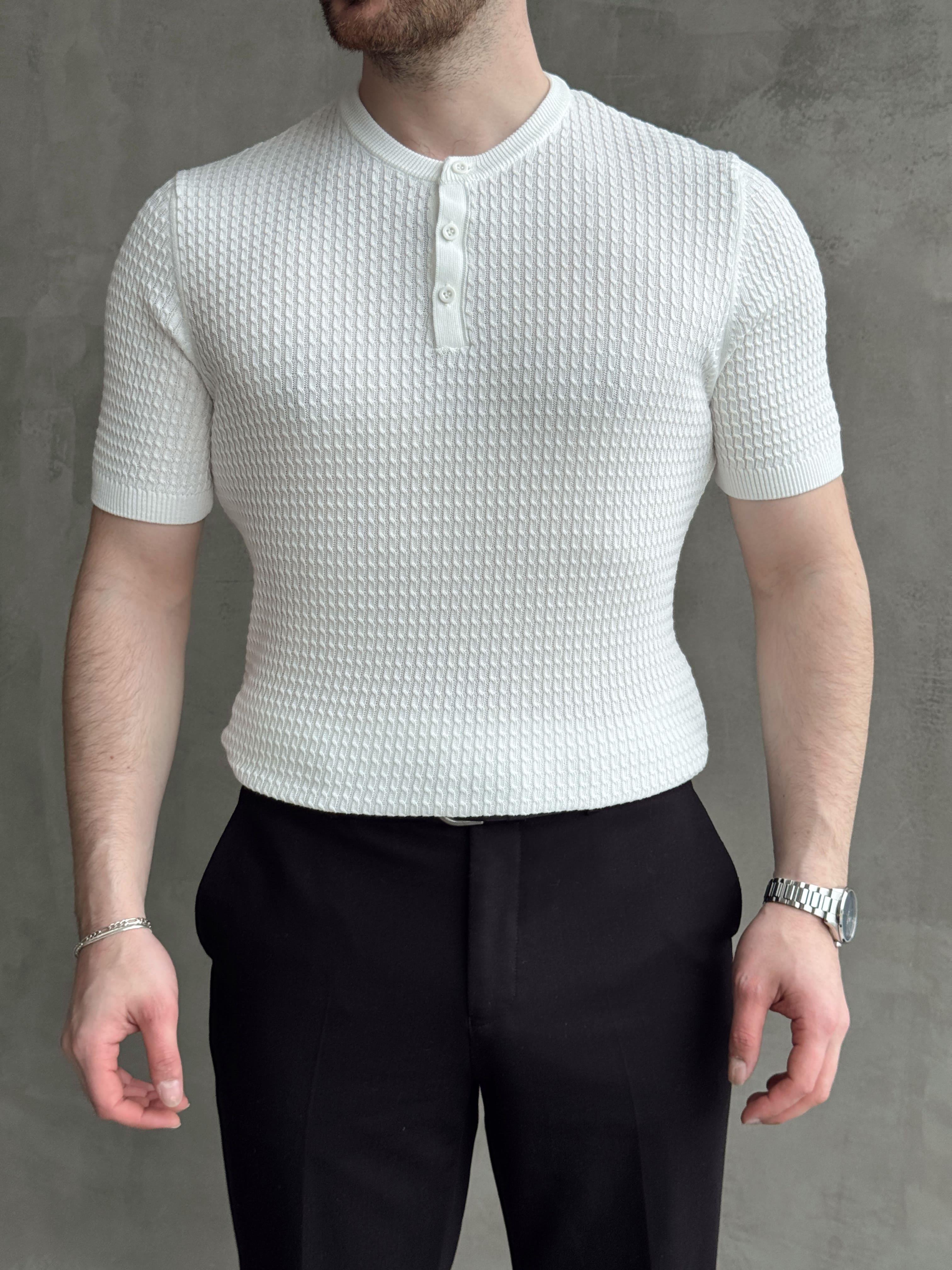 Erkek Elit Kalite Regular Fit Waffle Desenli Pat Yaka Detay Triko T-Shirt-Beyaz(E1681)Ketench