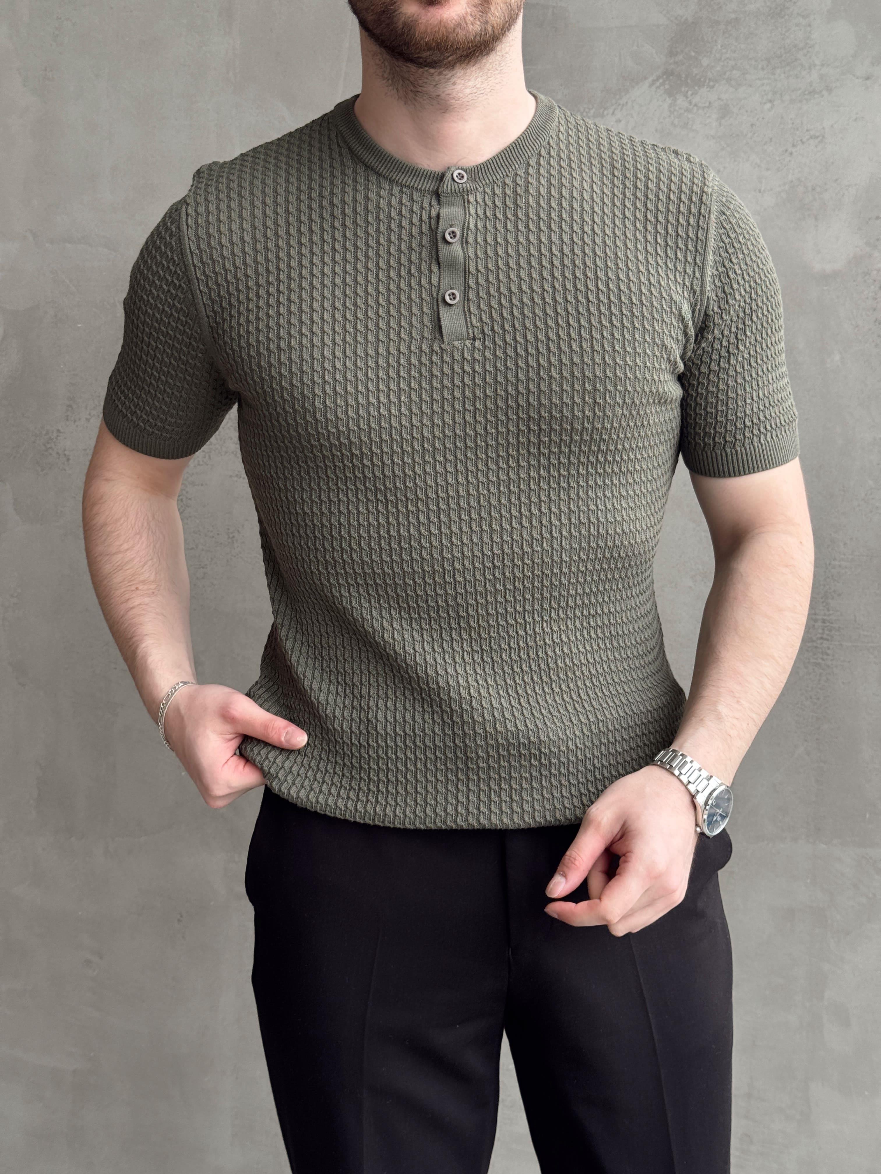 Erkek Elit Kalite Regular Fit Waffle Desenli Pat Yaka Detay Triko T-Shirt-Haki(E1681)Ketench