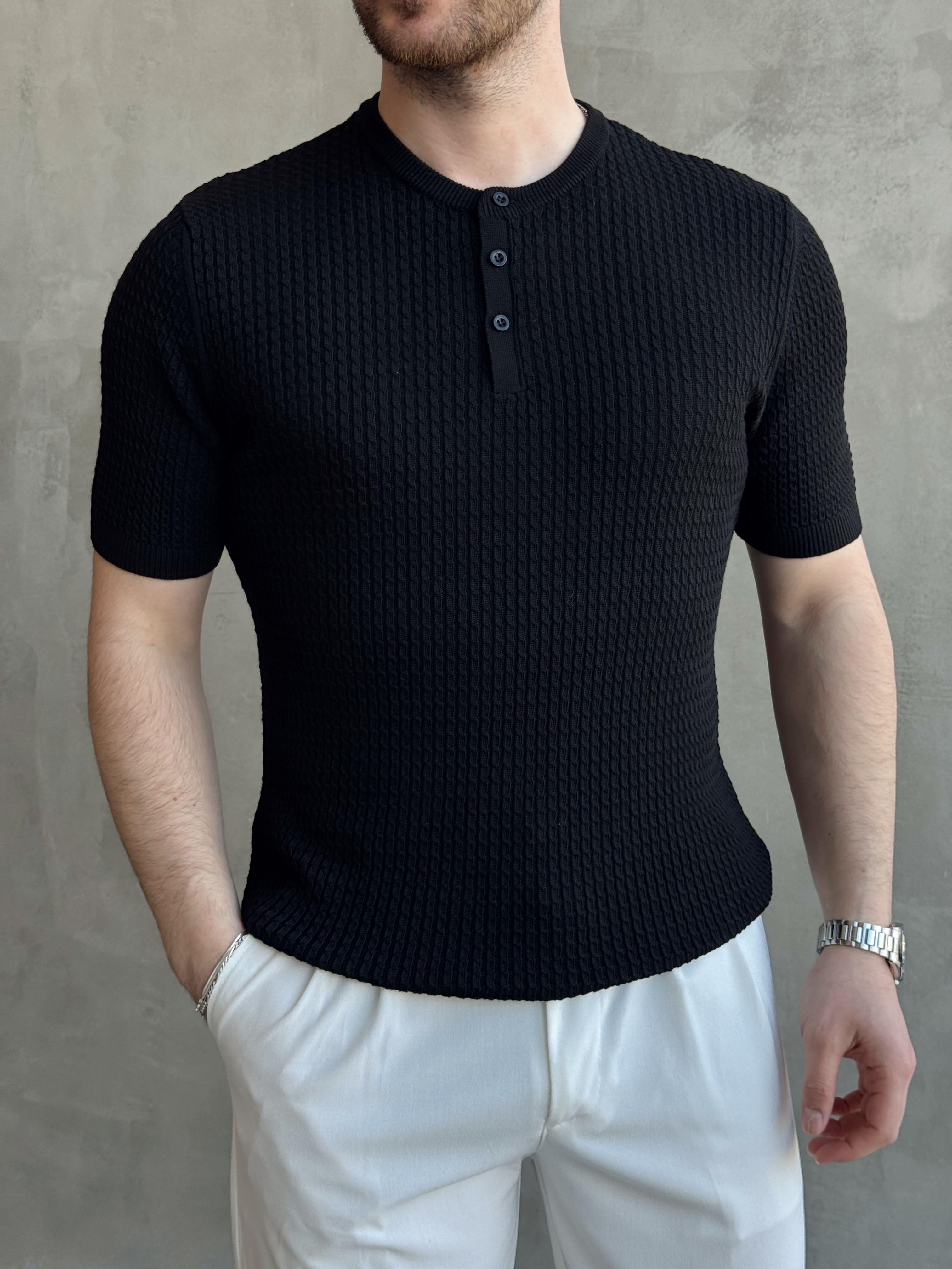 Erkek Elit Kalite Regular Fit Waffle Desenli Pat Yaka Detay Triko T-Shirt-Siyah(E1681)Ketench