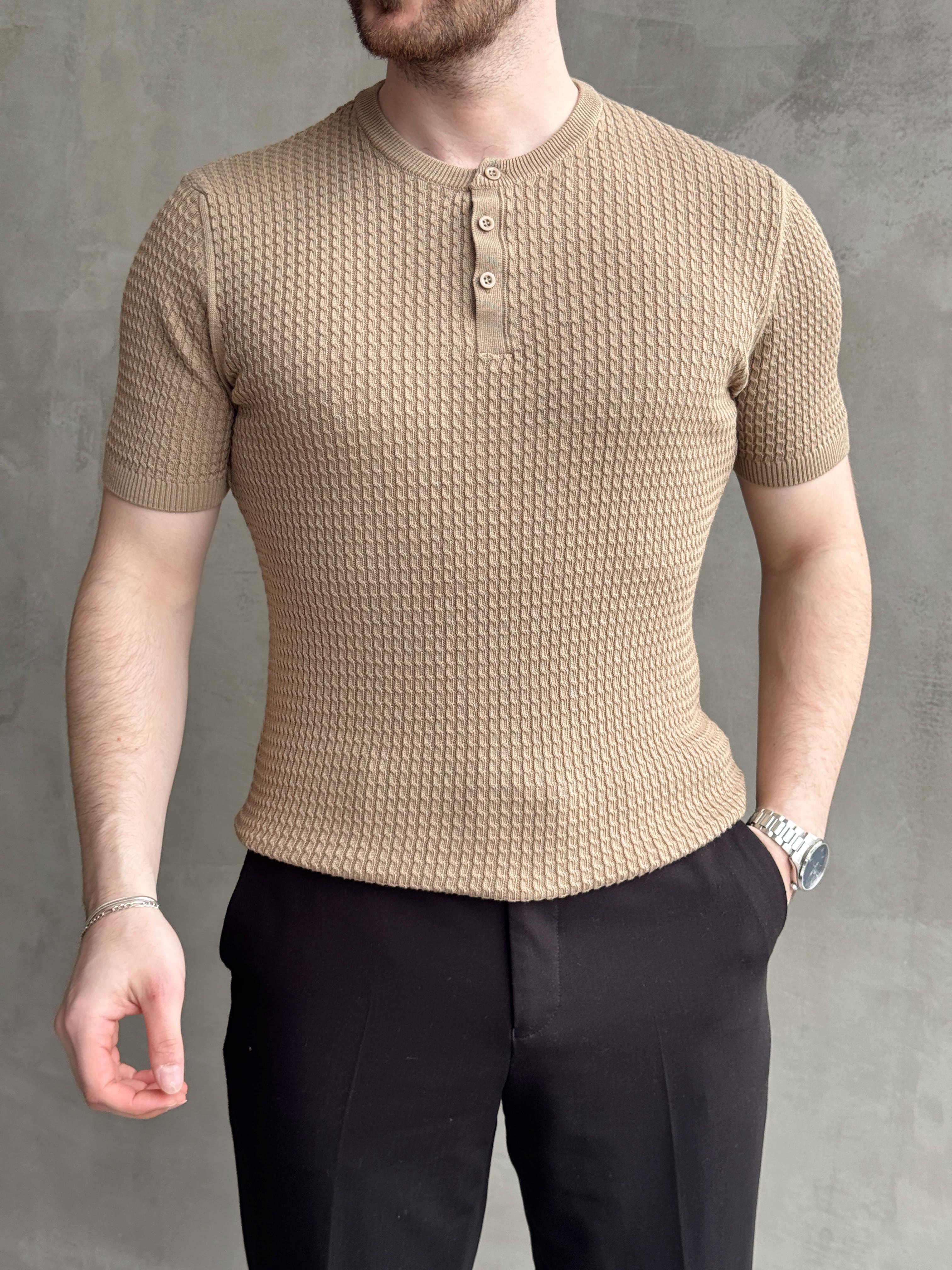 Erkek Elit Kalite Regular Fit Waffle Desenli Pat Yaka Detay Triko T-Shirt-Camel(E1681)Ketench