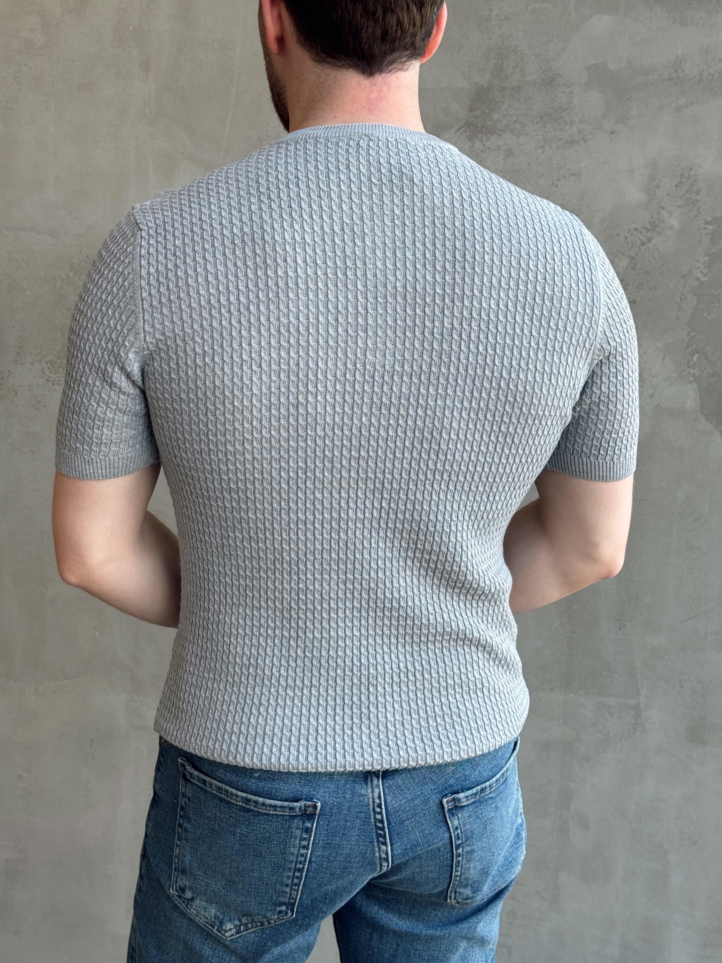 Erkek Elit Kalite Regular Fit Waffle Desenli Pat Yaka Detay Triko T-Shirt-Gri(E1681)Ketench