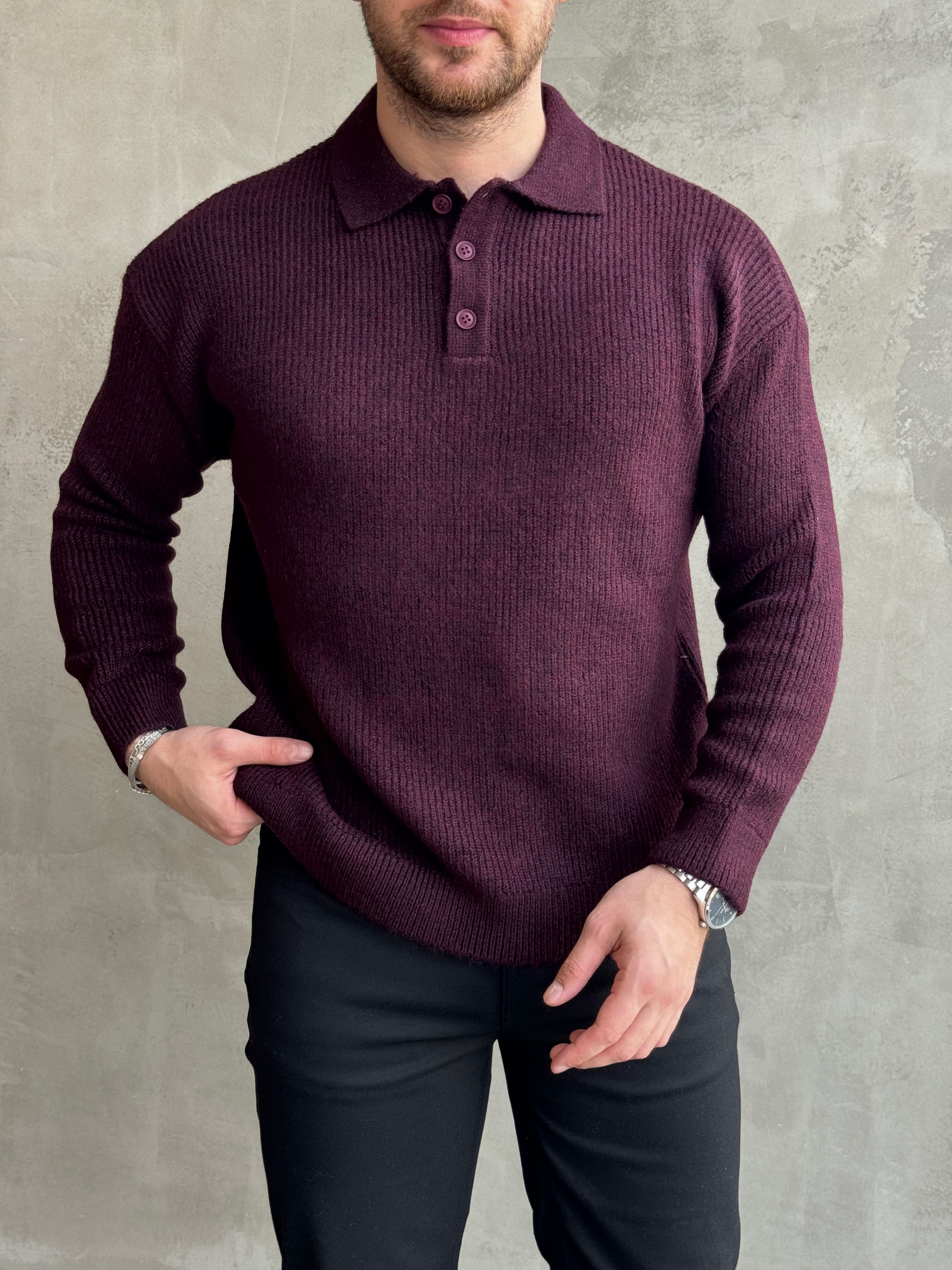 Erkek Elit Kalite Regular Kalıp Düğme Detaylı Polo Yaka Triko Kazak-Bordo(E1886)Ketench