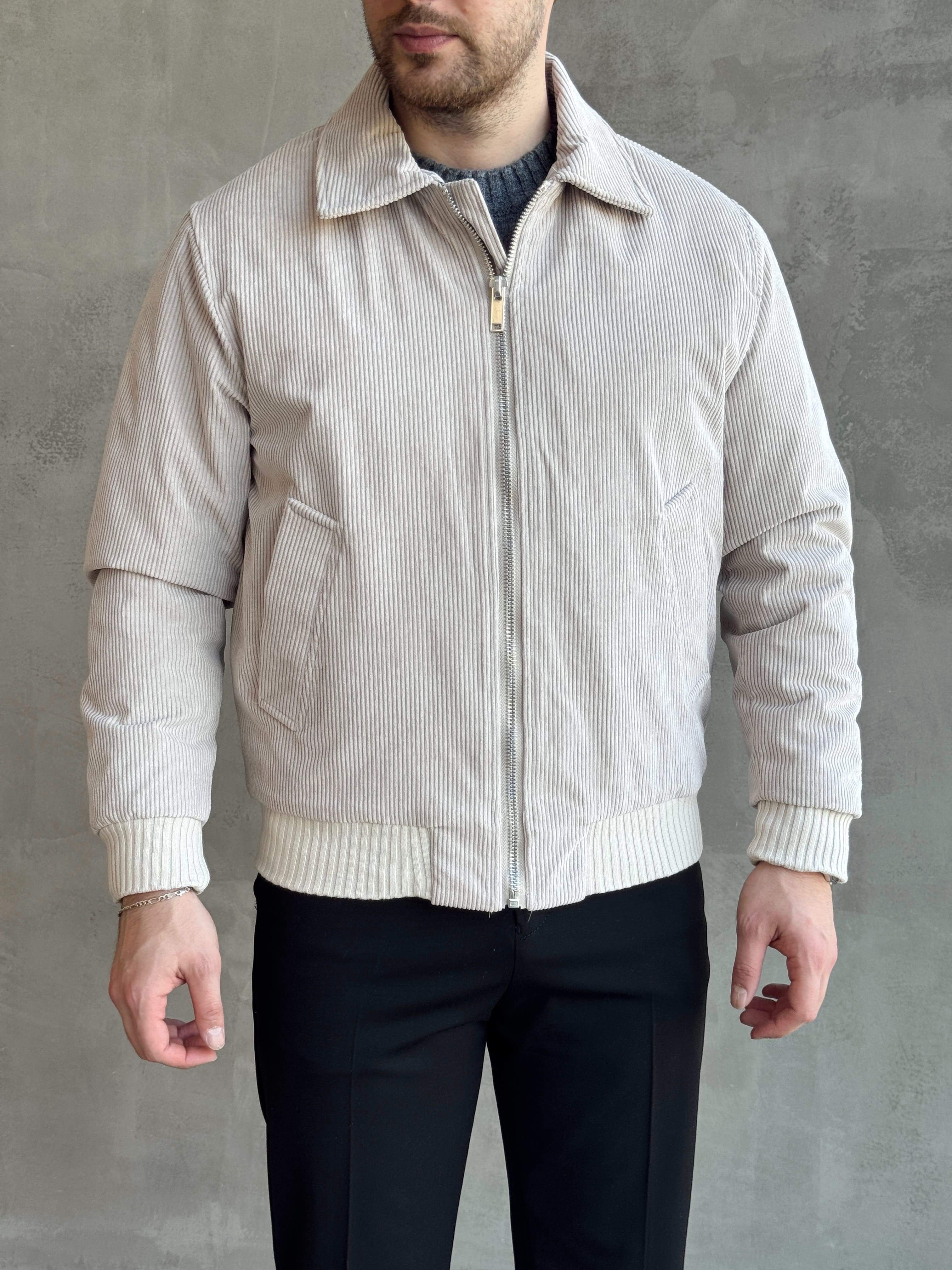 Erkek Elit Kalite Regular Kalıp İçi Astarlı Kadife Kumaş Bomber Ceket-Bej(E1882)Ketench