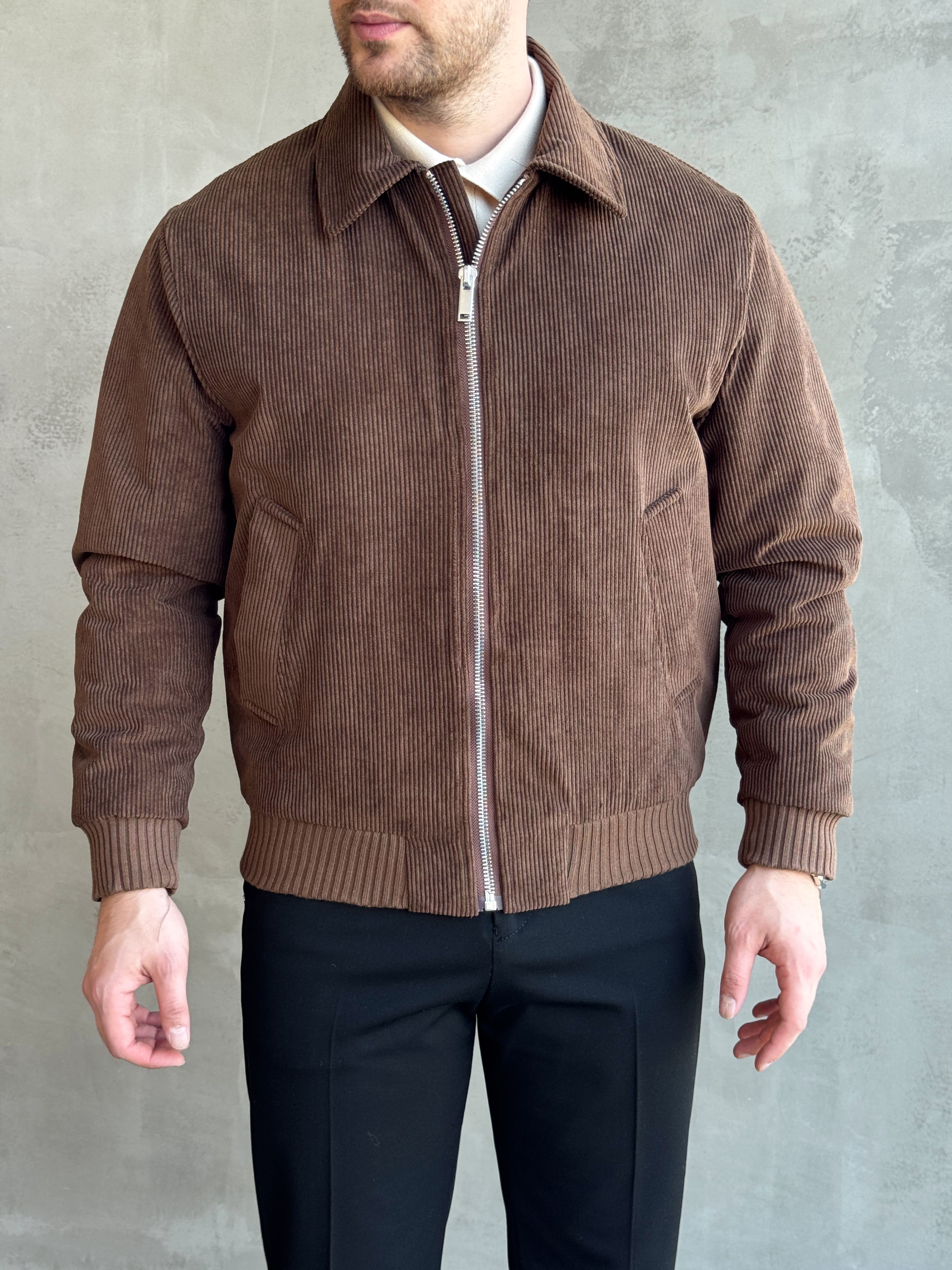 Erkek Elit Kalite Regular Kalıp İçi Astarlı Kadife Kumaş Bomber Ceket-Kahverengi(E1882)Ketench