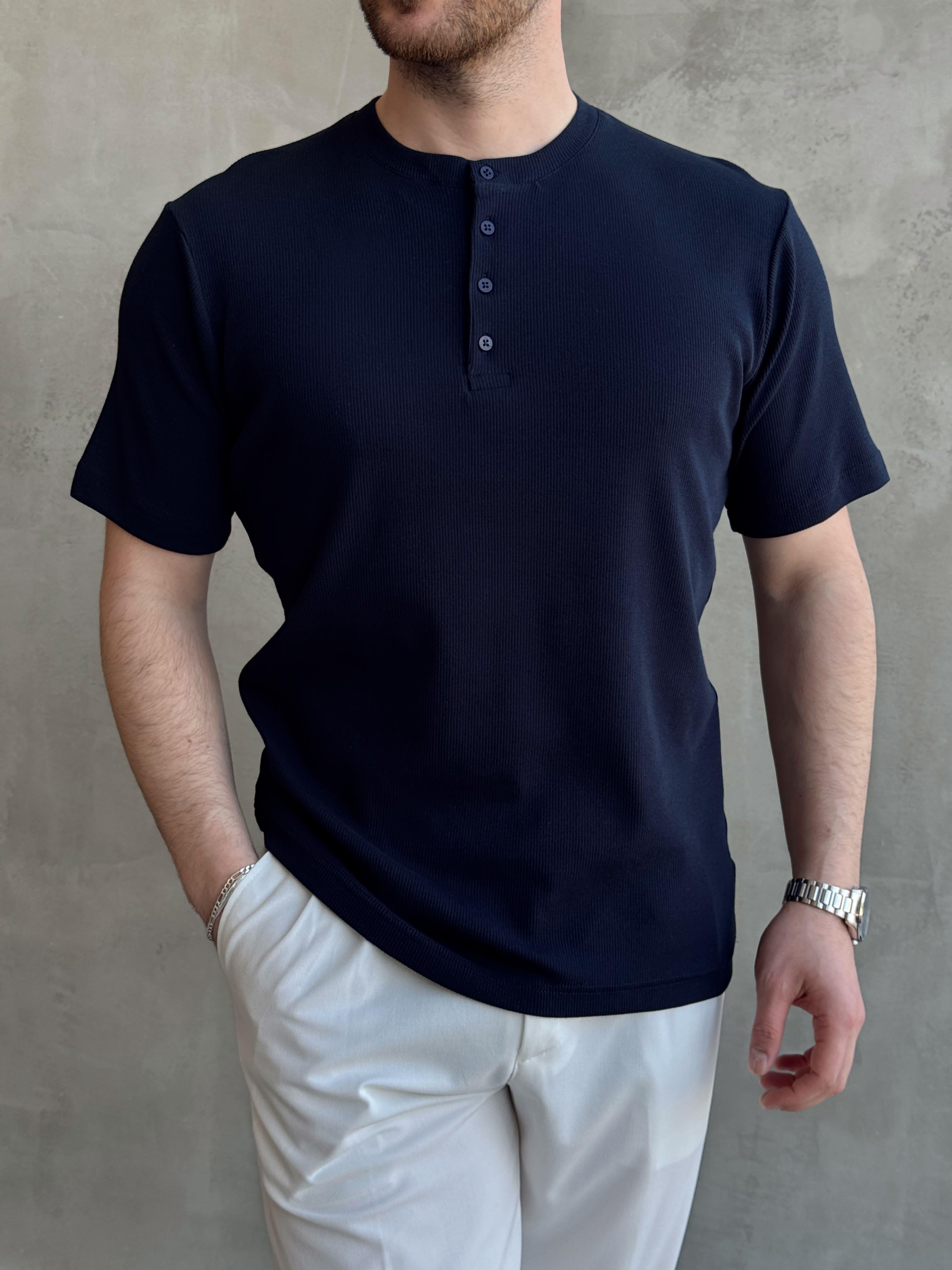 Erkek Elit Kalite Regular Kalıp Pat Yaka Detay Pamuk Kumaş T-Shirt-Lacivert(E1678)Ketench
