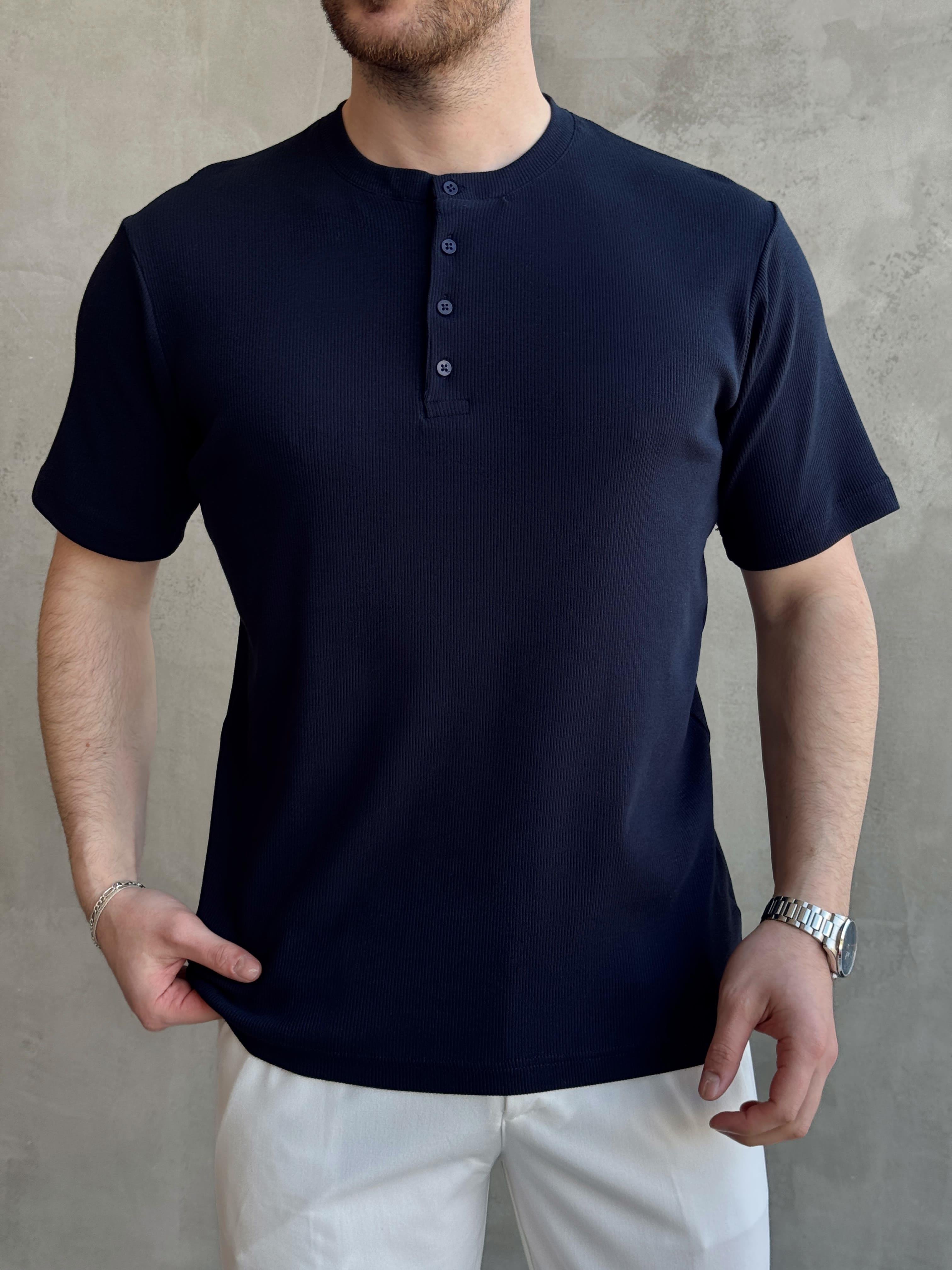 Erkek Elit Kalite Regular Kalıp Pat Yaka Detay Pamuk Kumaş T-Shirt-Lacivert(E1678)Ketench