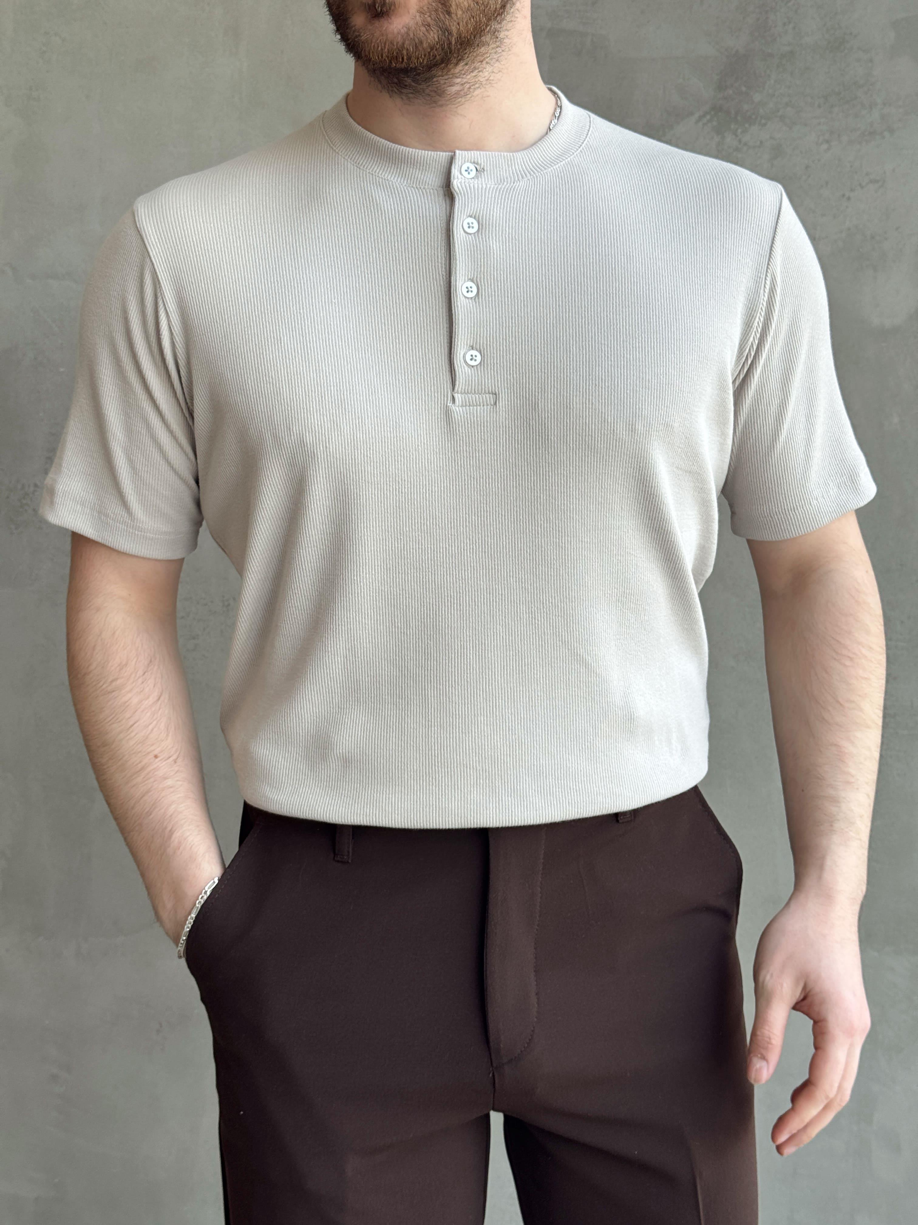 Erkek Elit Kalite Regular Kalıp Pat Yaka Detay Pamuk Kumaş T-Shirt-Bej(E1678)Ketench
