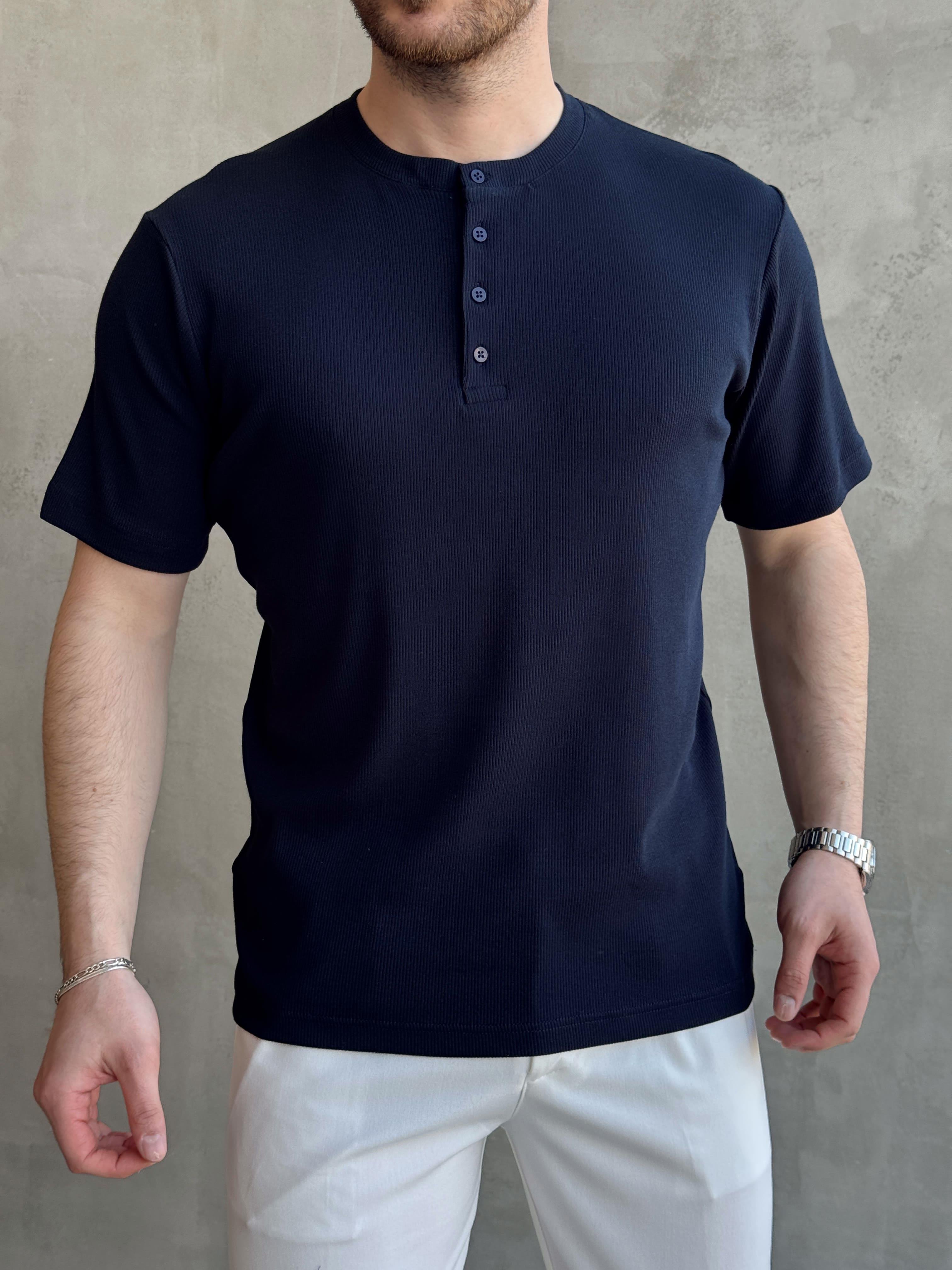 Erkek Elit Kalite Regular Kalıp Pat Yaka Detay Pamuk Kumaş T-Shirt-Lacivert(E1678)Ketench