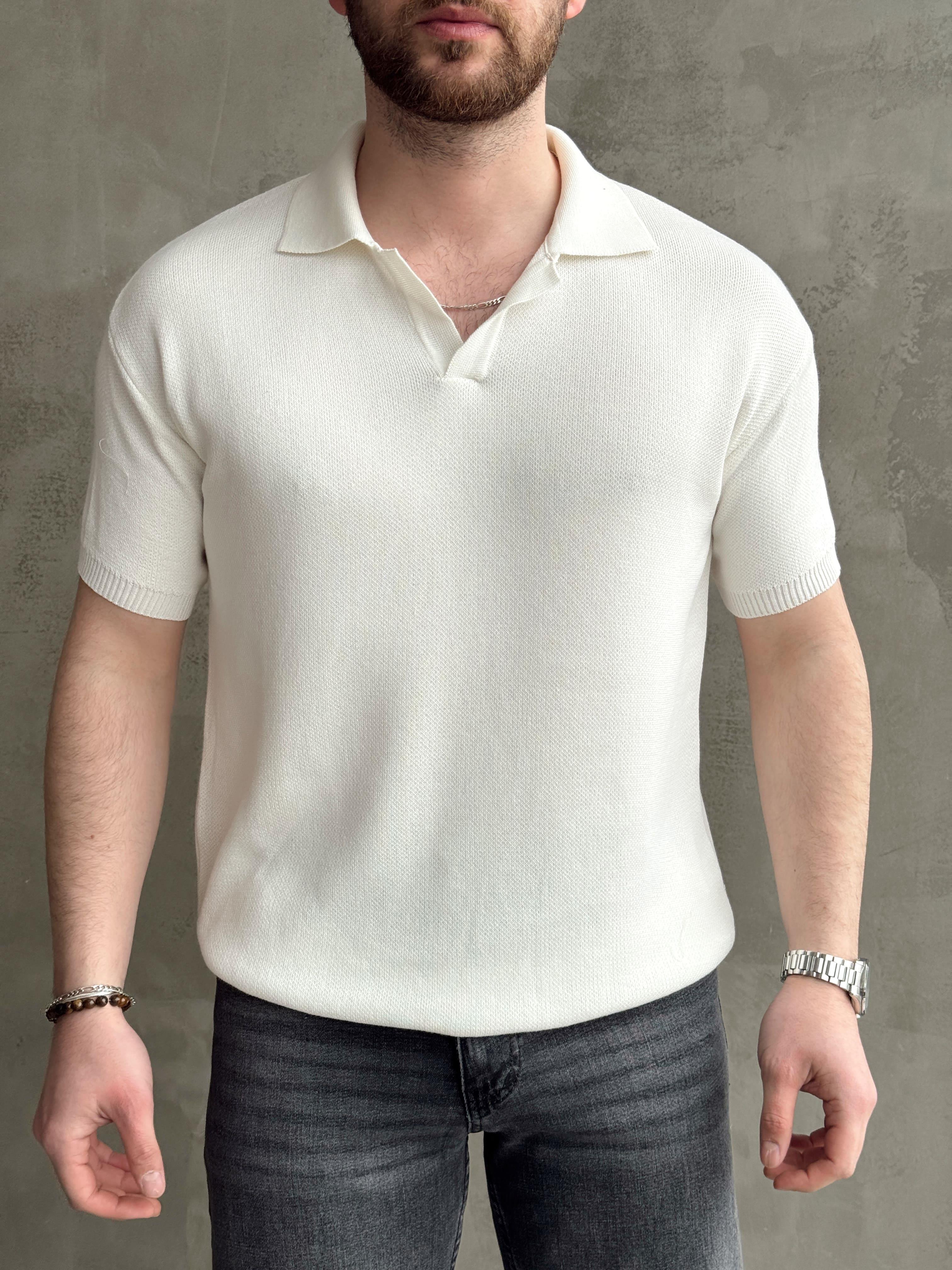 Erkek Elit Kalite Regular Kalıp Polo Yaka Triko T-Shirt-Beyaz(E1694)Ketench