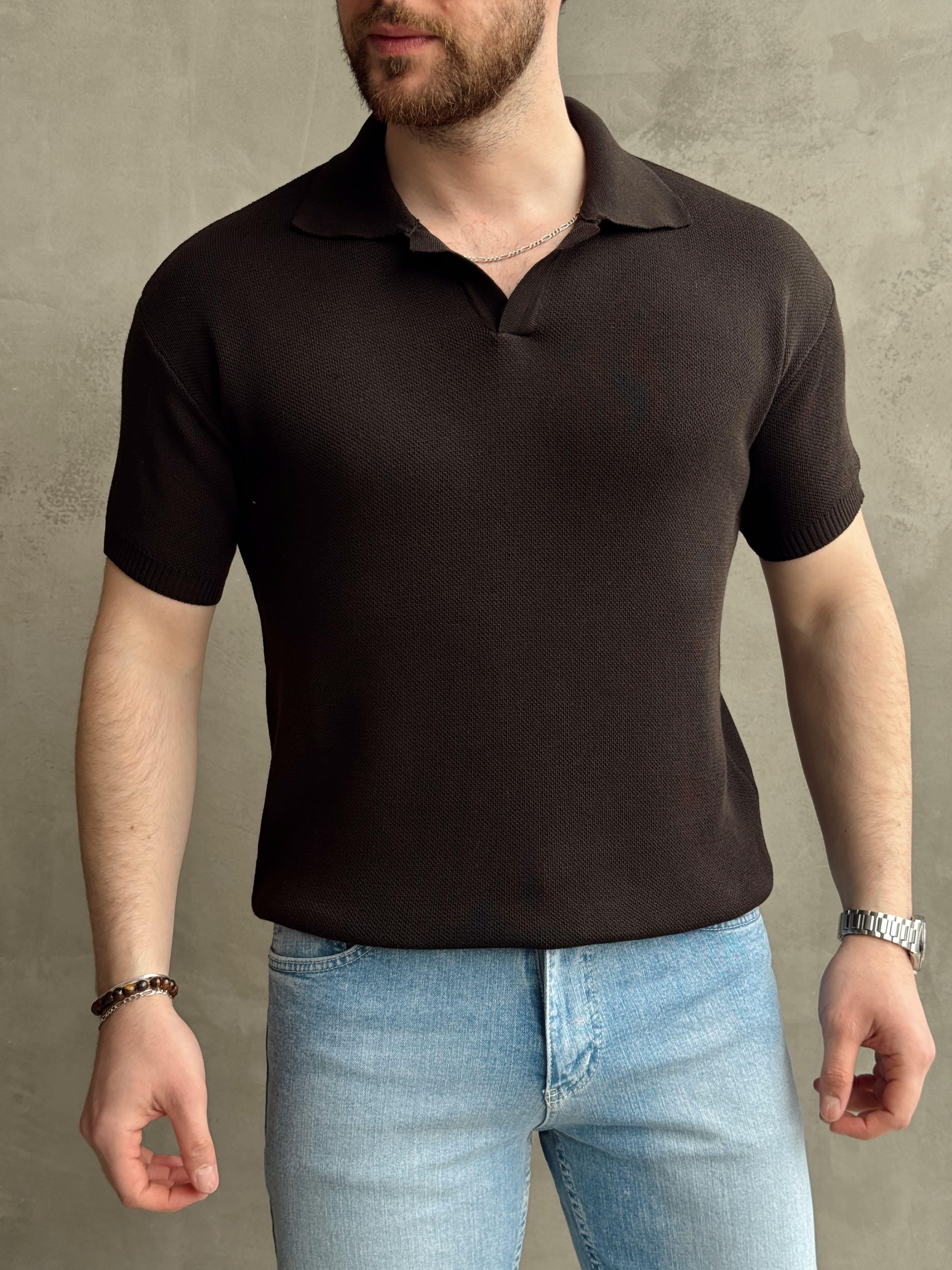 Erkek Elit Kalite Regular Kalıp Polo Yaka Triko T-Shirt-Kahverengi(E1694)Ketench