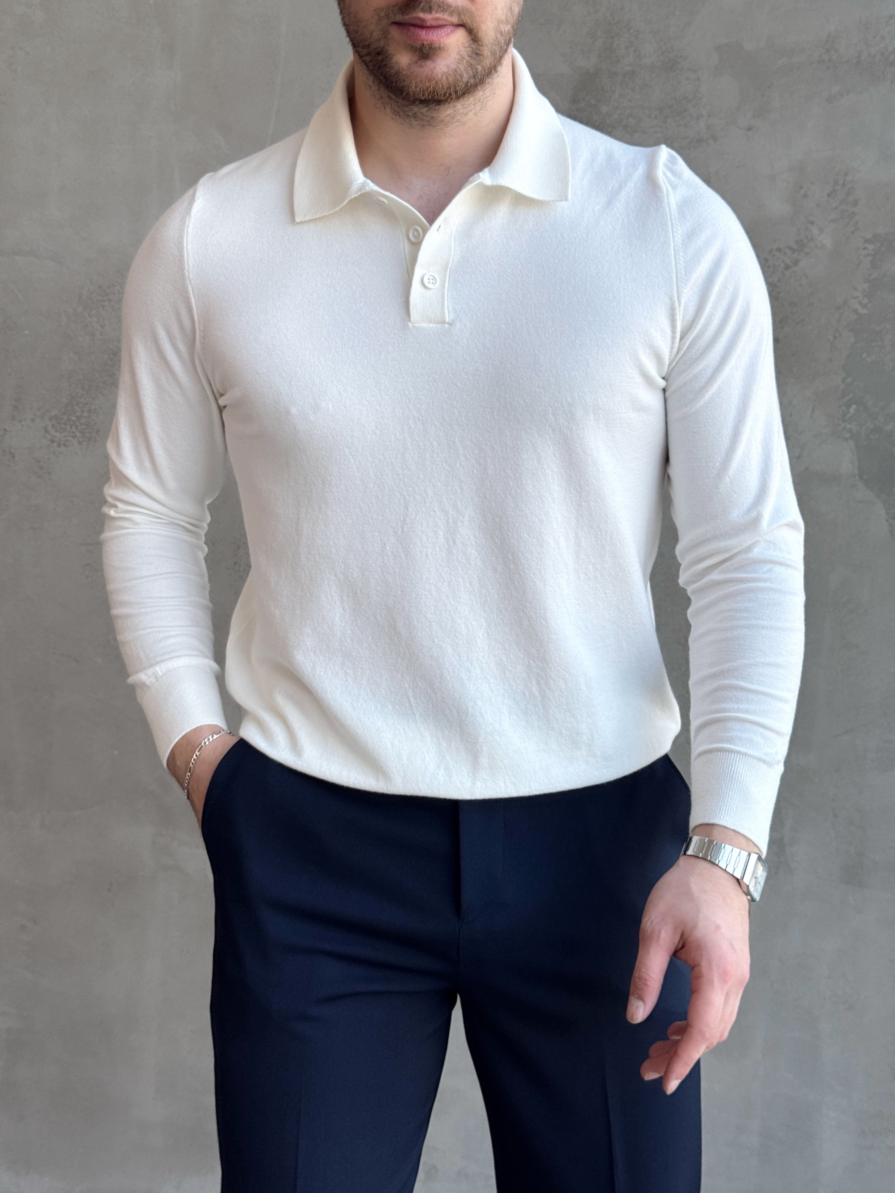 Erkek Elit Model Regular Kalıp Düğme Detaylı Polo Yaka İnce Triko Kazak-Ekru(E1873)Ketench