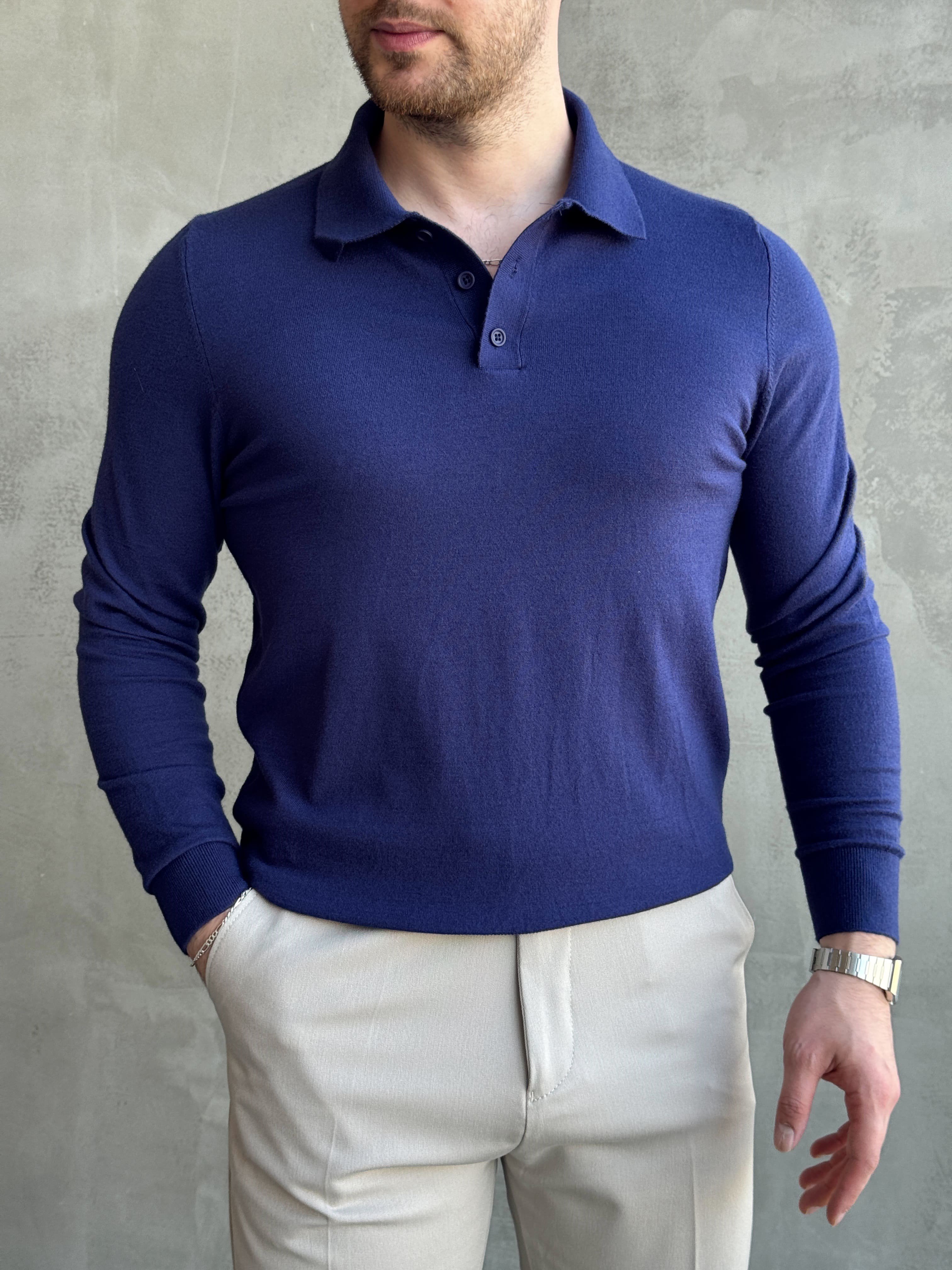Erkek Elit Model Regular Kalıp Düğme Detaylı Polo Yaka İnce Triko Kazak-Lacivert(E1873)Ketench