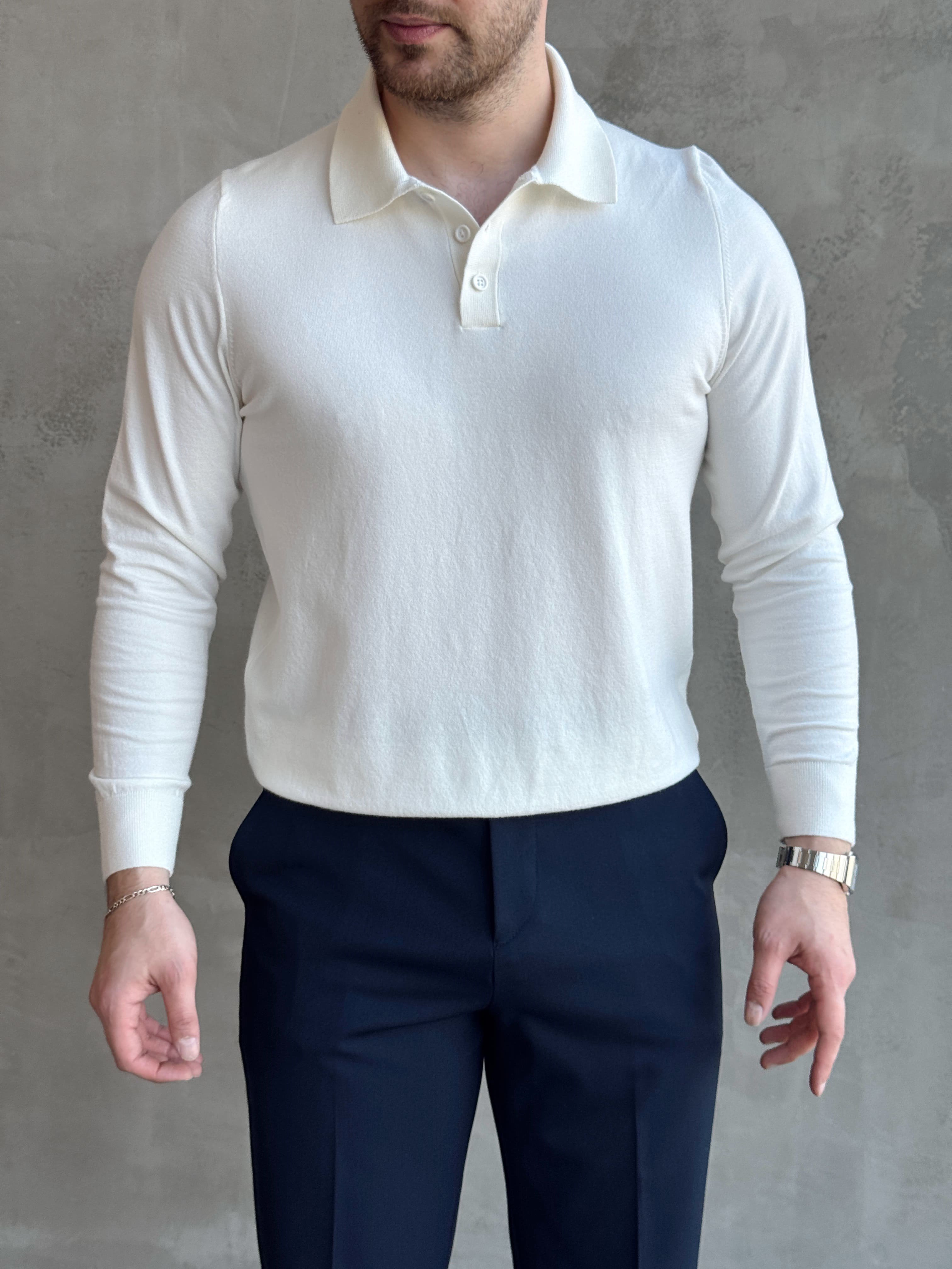 Erkek Elit Model Regular Kalıp Düğme Detaylı Polo Yaka İnce Triko Kazak-Ekru(E1873)Ketench
