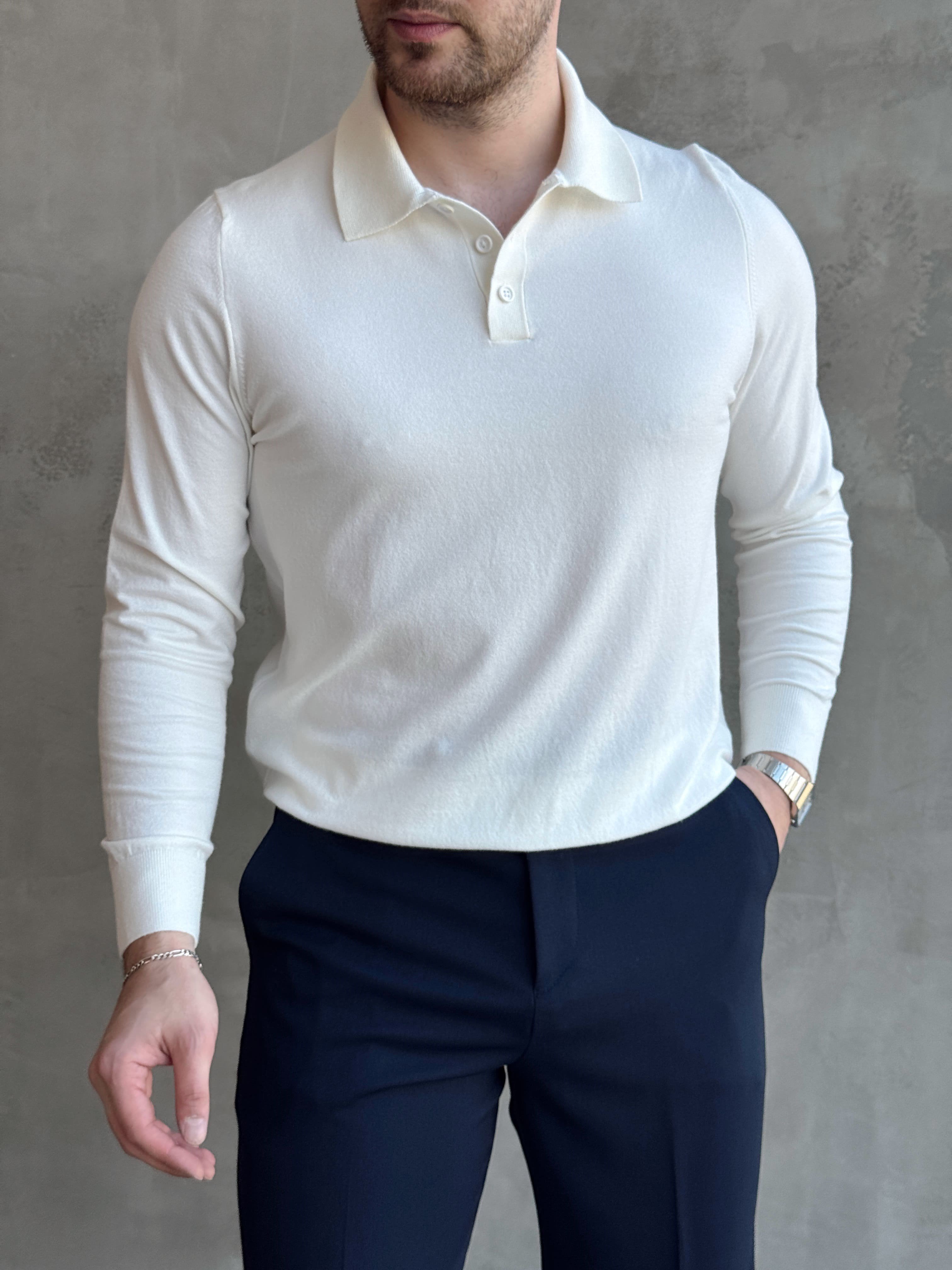 Erkek Elit Model Regular Kalıp Düğme Detaylı Polo Yaka İnce Triko Kazak-Ekru(E1873)Ketench