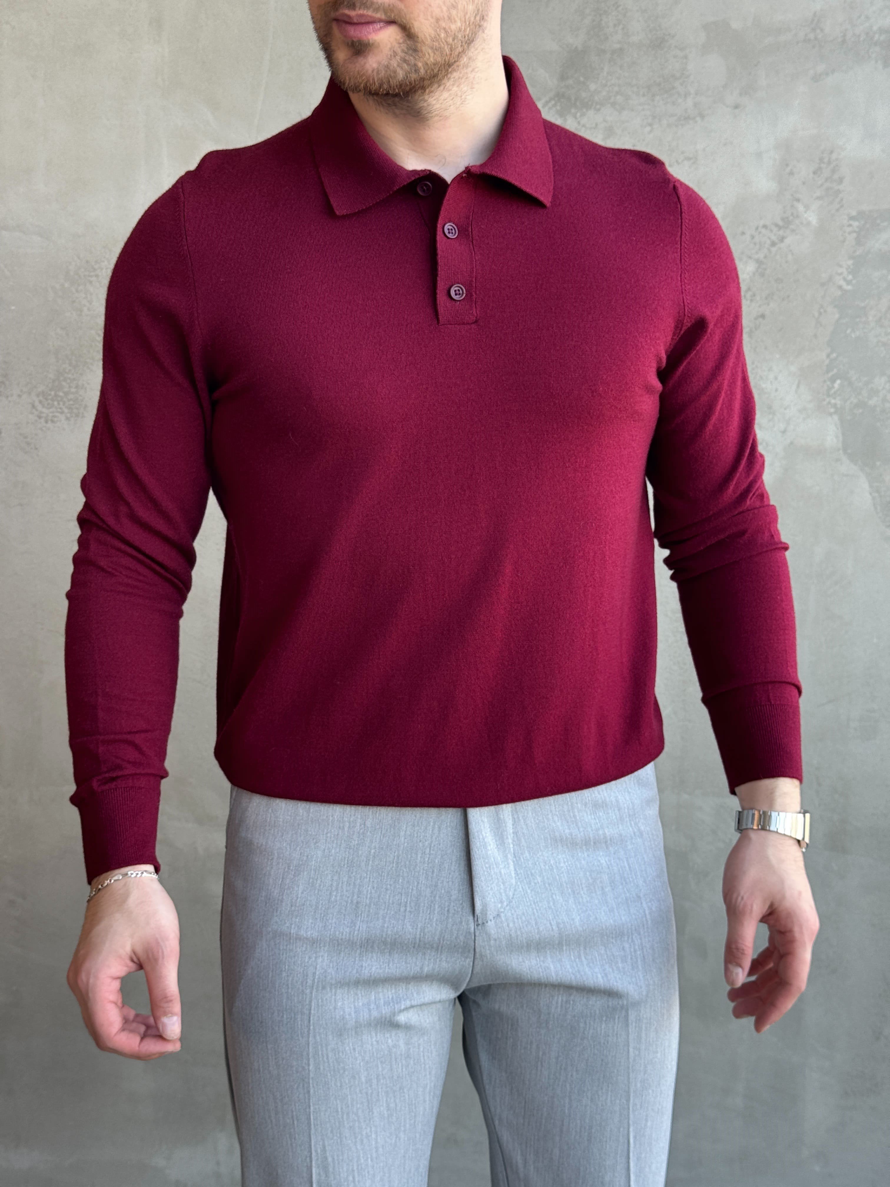 Erkek Elit Model Regular Kalıp Düğme Detaylı Polo Yaka İnce Triko Kazak-Bordo(E1873)Ketench