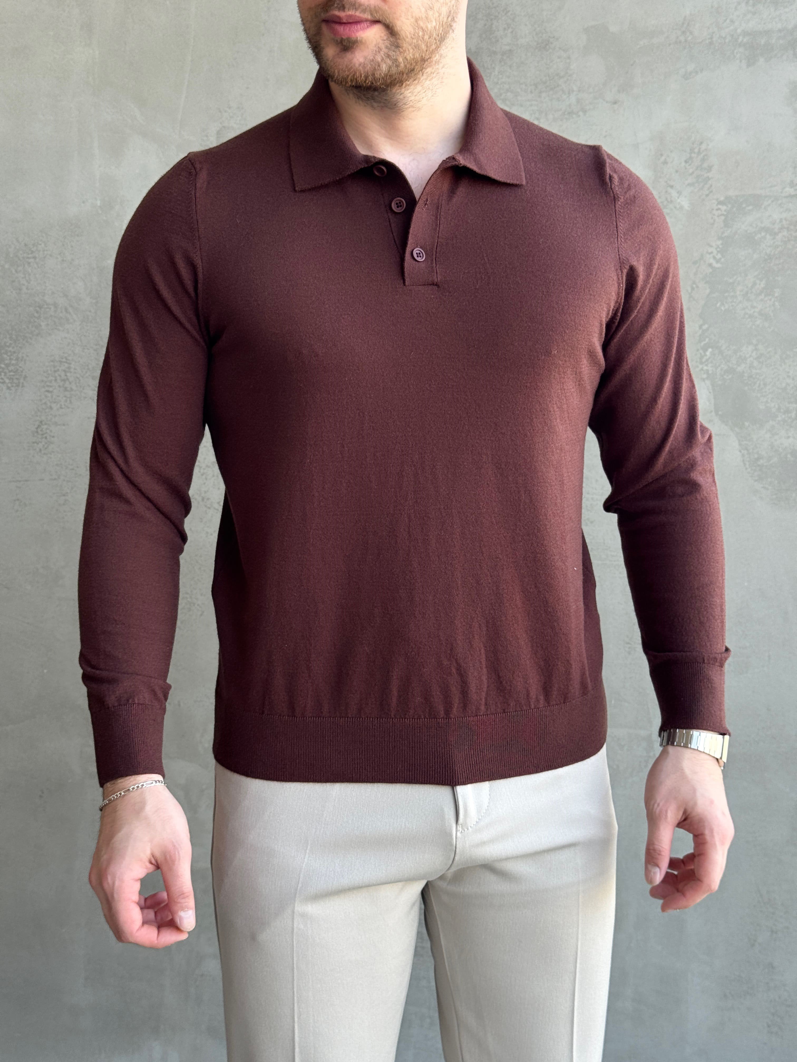 Erkek Elit Model Regular Kalıp Düğme Detaylı Polo Yaka İnce Triko Kazak-Kahverengi(E1873)Ketench