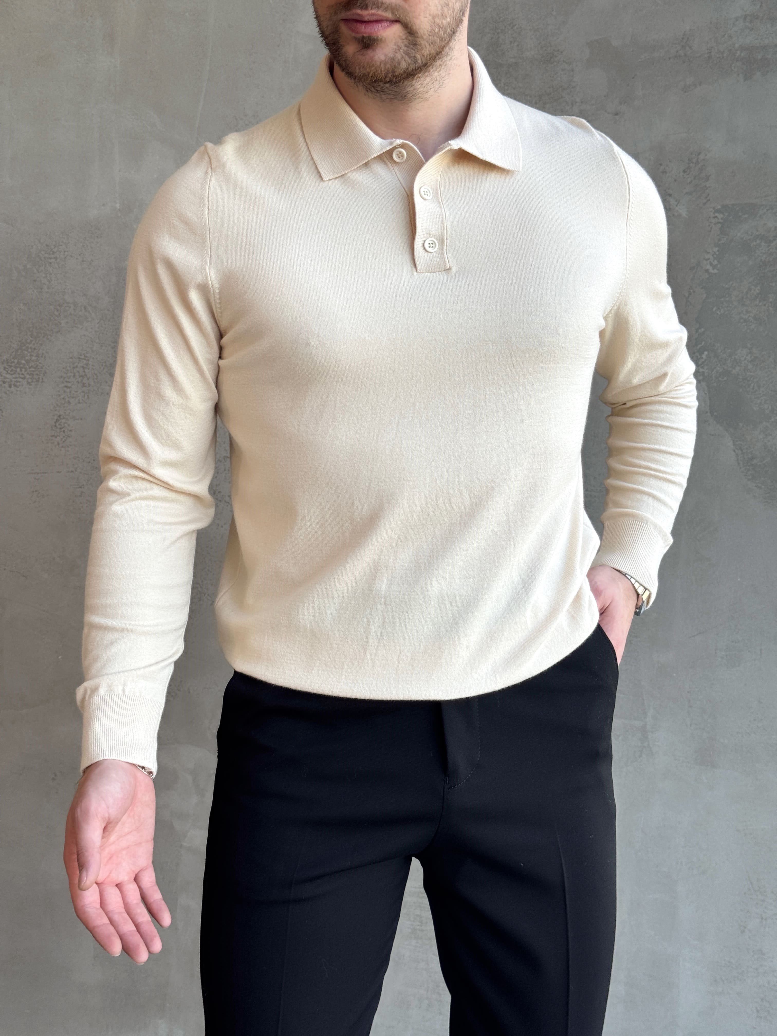 Erkek Elit Model Regular Kalıp Düğme Detaylı Polo Yaka İnce Triko Kazak-Bej(E1873)Ketench