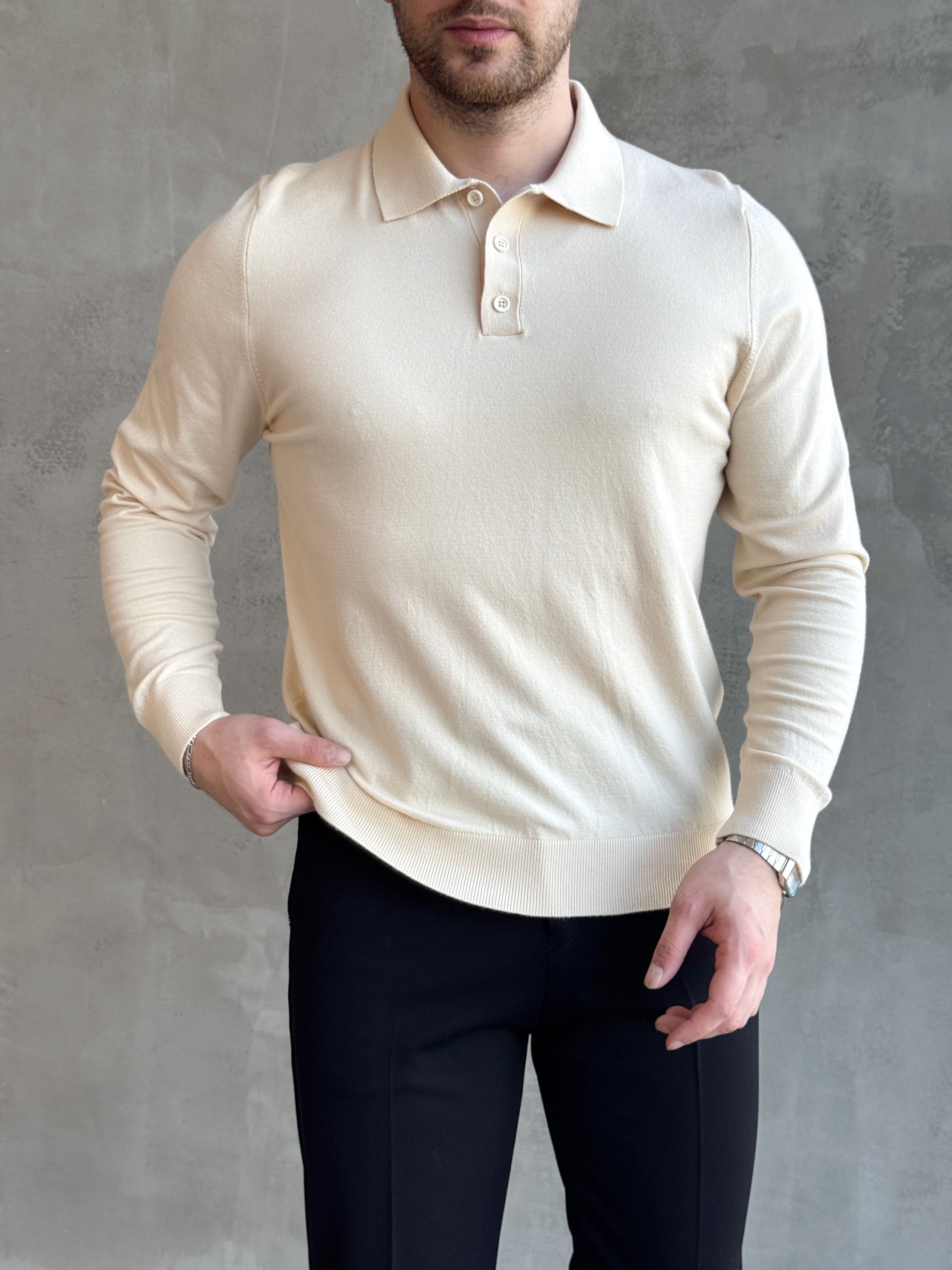 Erkek Elit Model Regular Kalıp Düğme Detaylı Polo Yaka İnce Triko Kazak-Bej(E1873)Ketench