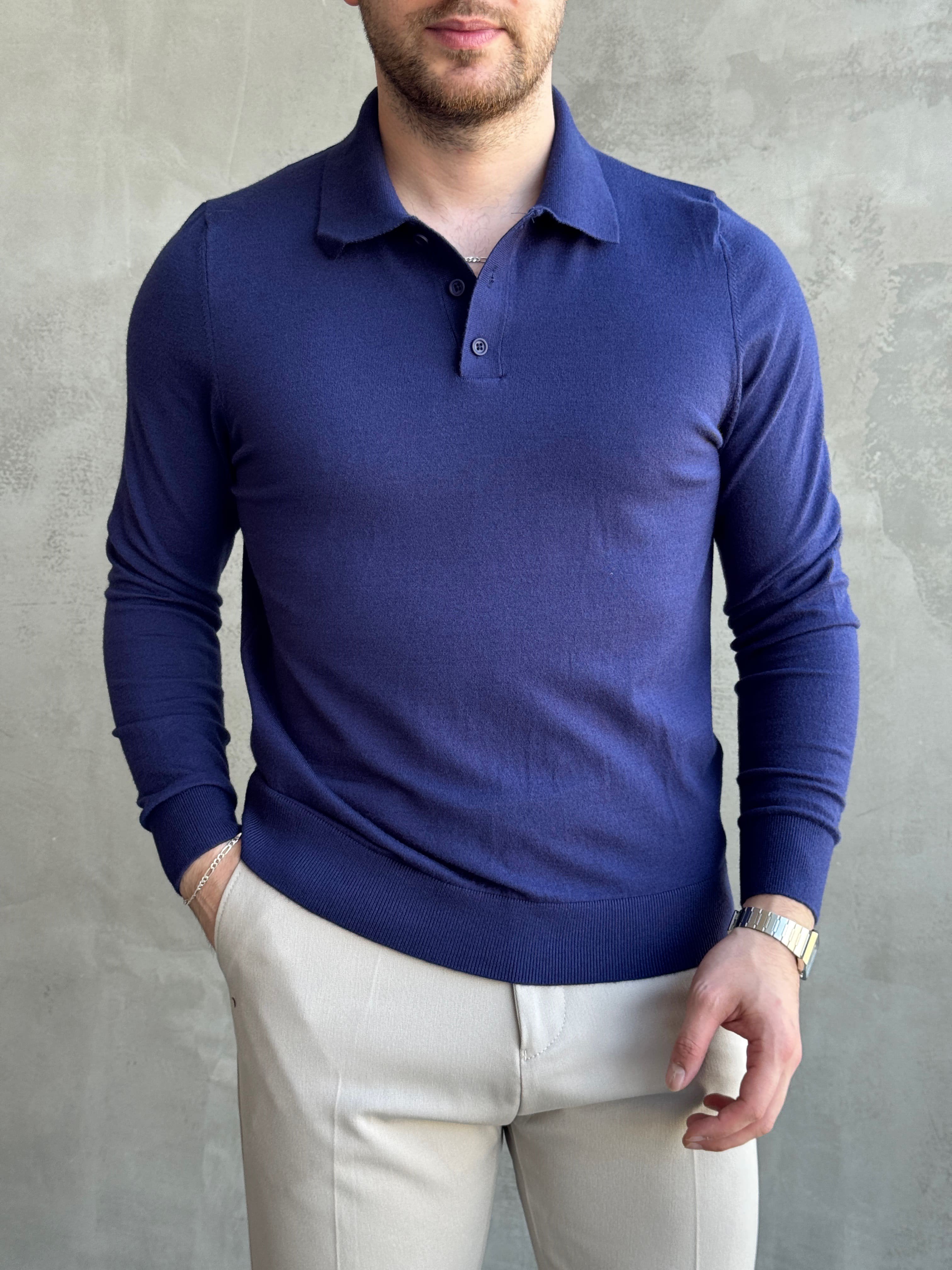 Erkek Elit Model Regular Kalıp Düğme Detaylı Polo Yaka İnce Triko Kazak-Lacivert(E1873)Ketench