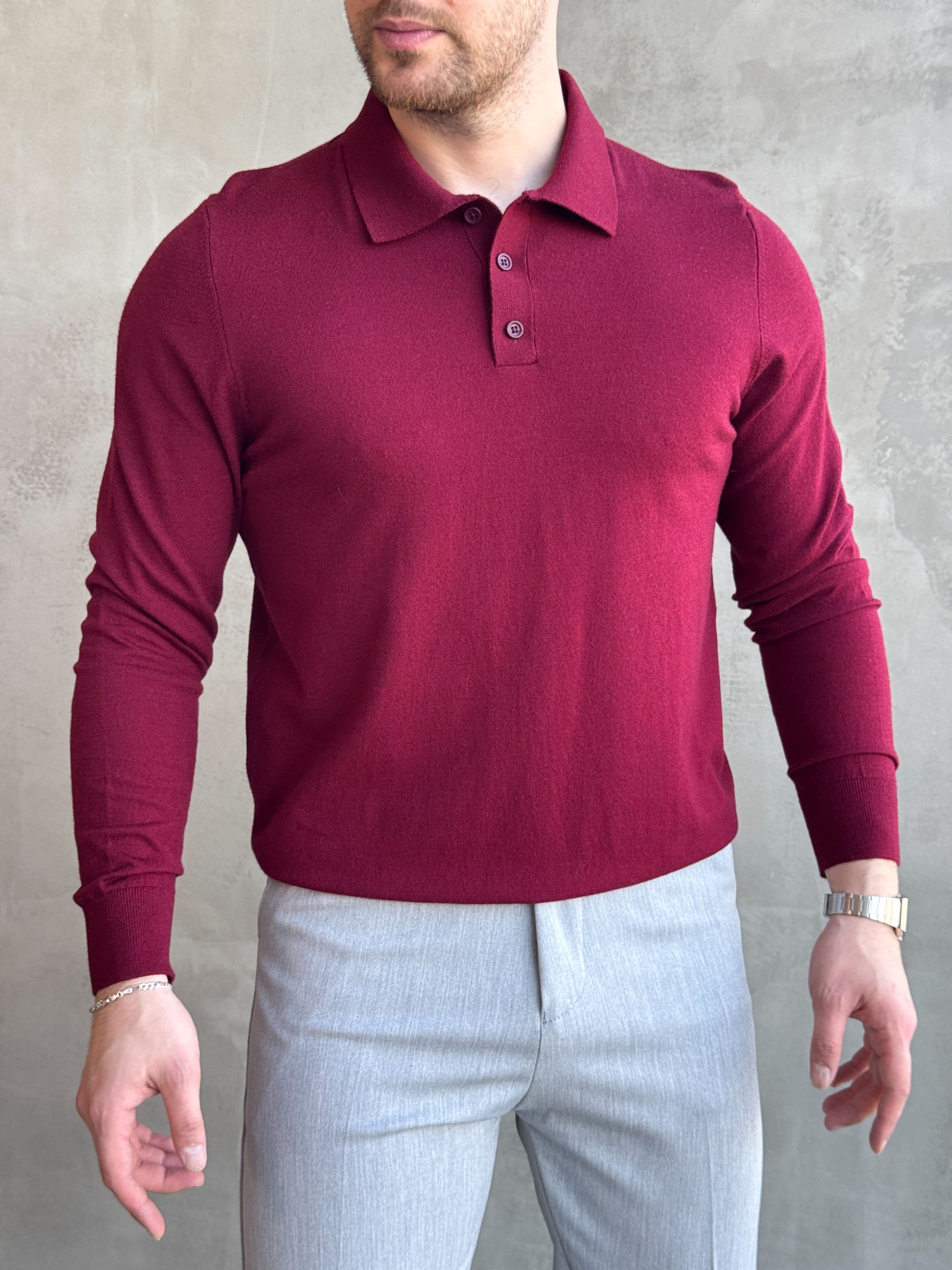 Erkek Elit Model Regular Kalıp Düğme Detaylı Polo Yaka İnce Triko Kazak-Bordo(E1873)Ketench