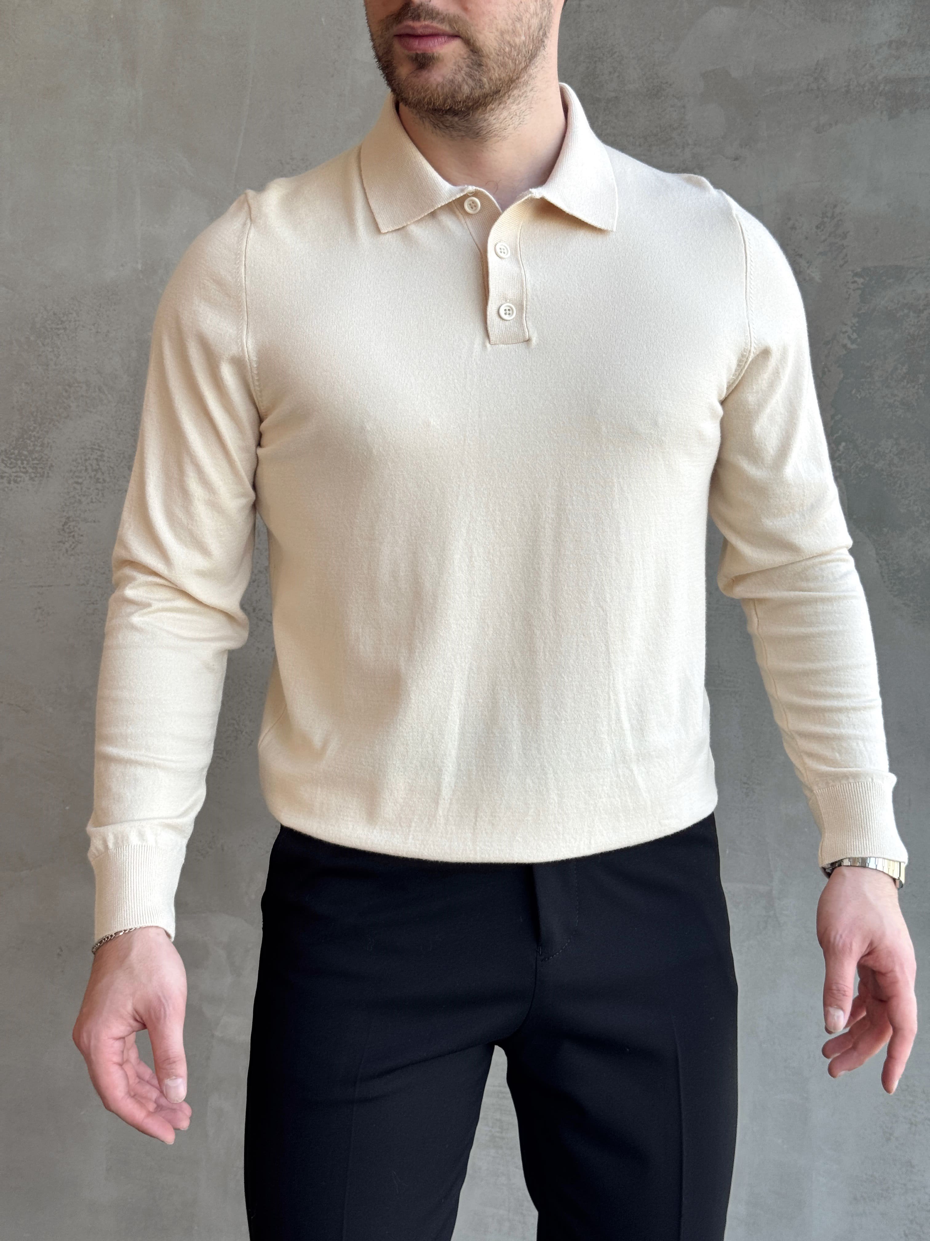 Erkek Elit Model Regular Kalıp Düğme Detaylı Polo Yaka İnce Triko Kazak-Bej(E1873)Ketench