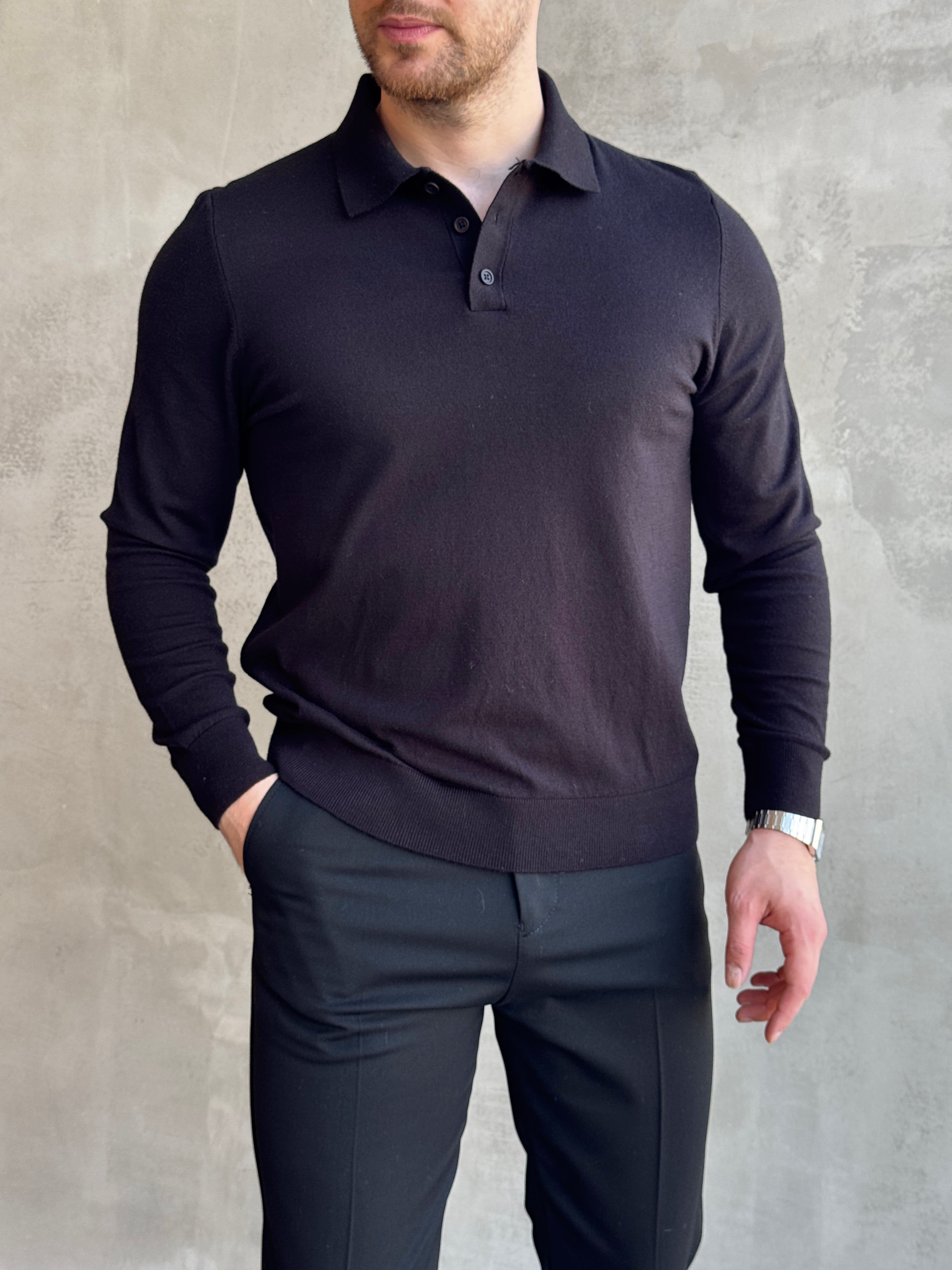 Erkek Elit Model Regular Kalıp Düğme Detaylı Polo Yaka İnce Triko Kazak-Siyah(E1873)Ketench